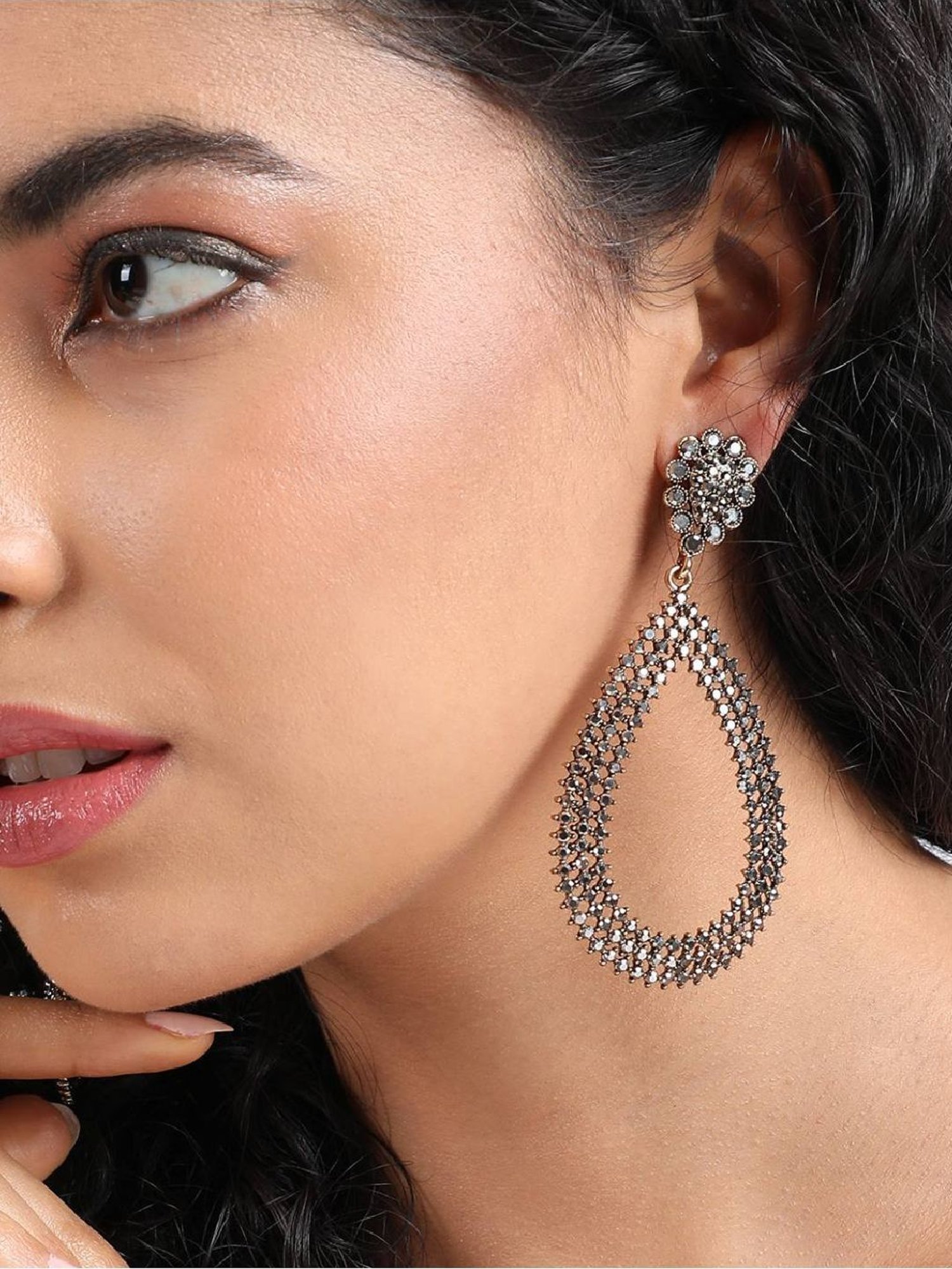 Sohi Women's Maxi Intricate Antique Teardrop Drop Earrings  Silver