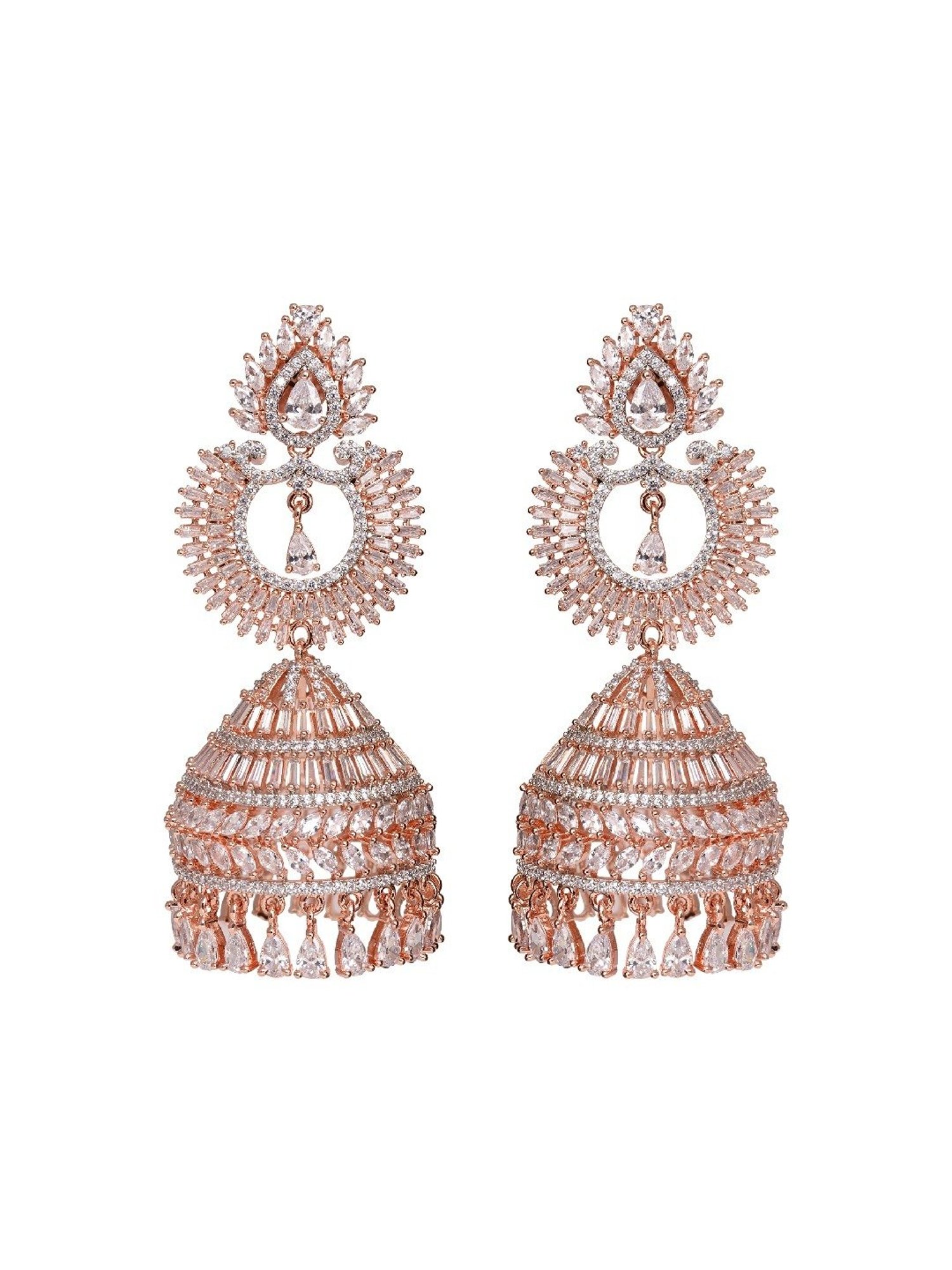 Saraf RS Jewellery Rose Gold White AD Studded Jhumka Earrings