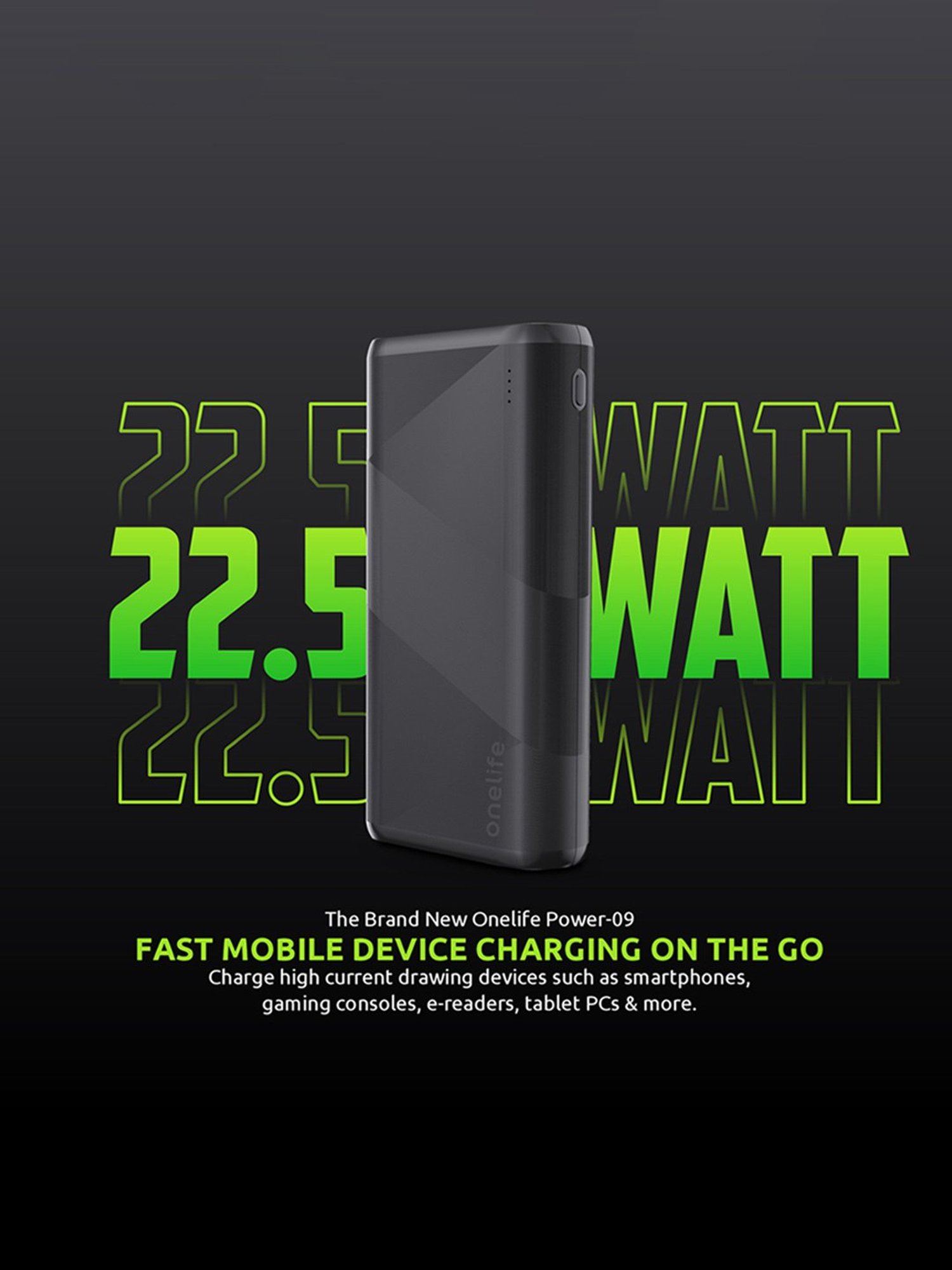 Onelife Power 09, 20000 mAh 22.5 Watt Quick Charge Power Bank (Black)