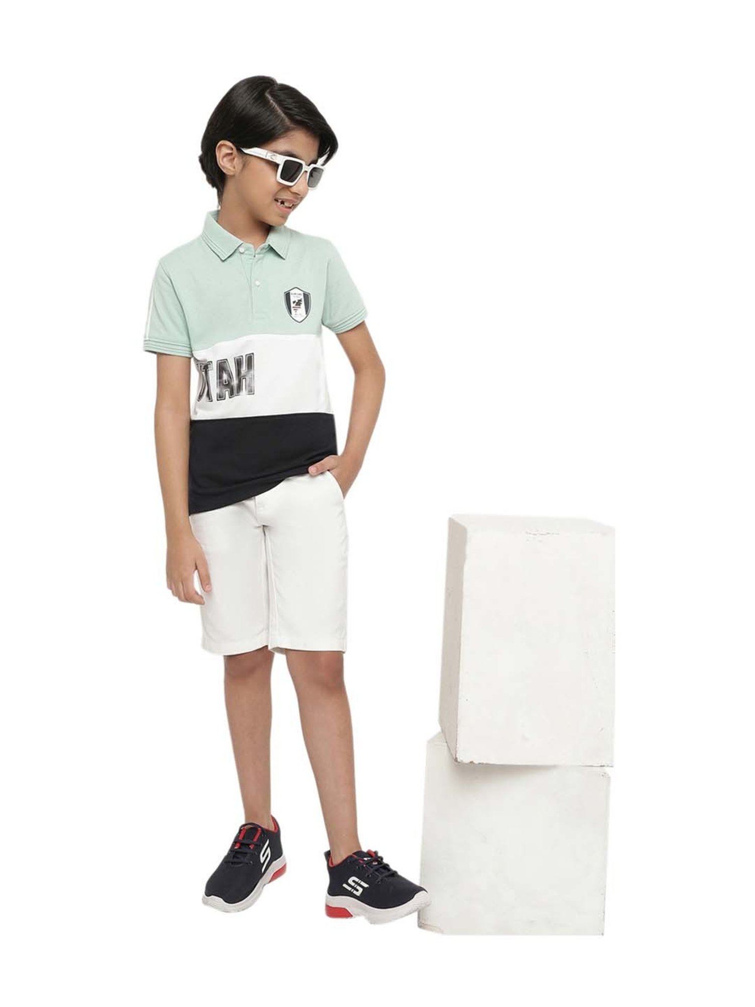 Octave Kids Dusty Mint & White Cotton Color Block Polo T-Shirt