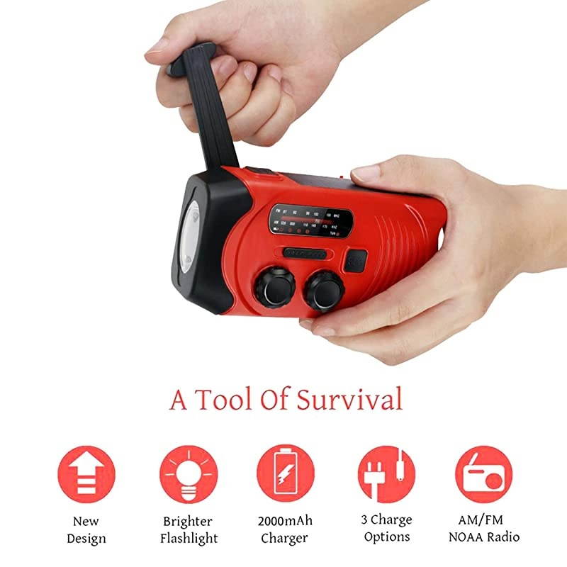 Weather Emergency AMFM Radio for Solar Hand Crank Self Powered Portable Radio with LED Survival FlashlightSOS Alarm2000mAh Power Bank Cell Phone ChargerRed