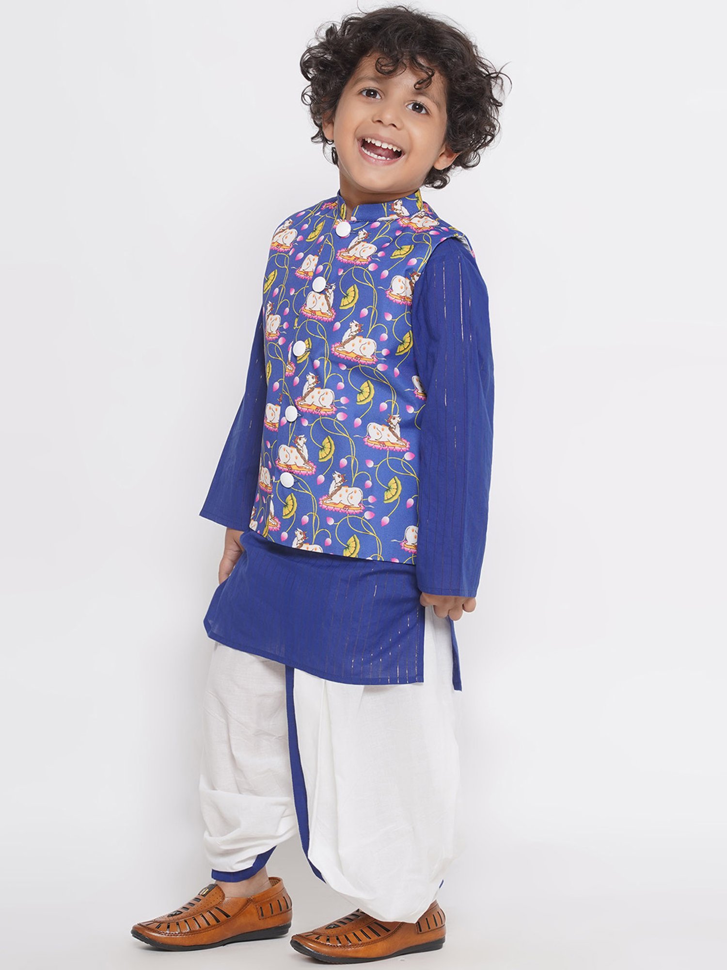 Little Bansi Kids Blue & White Printed Full Sleeves Kurta, Dhoti with Jacket