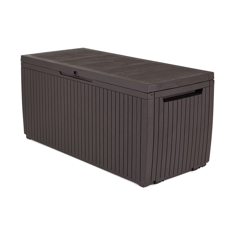 Keter 243547 Springwood 80 Gallon Resin Outdoor Storage Box for Patio Furniture Cushions, Pool Toys, and Garden Tools with Handles, Dark Brown