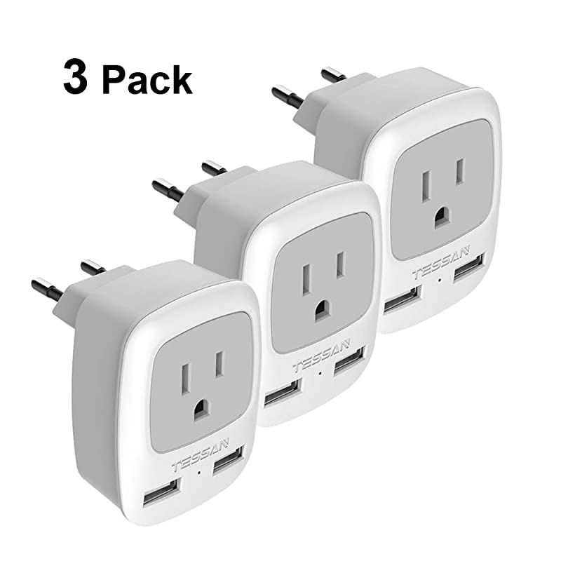 European Plug Adapter 3 Pack,  International Travel Power Adaptor 2 USB, Type C Outlet Adapter Charger USA to Most of Europe EU Spain Iceland Italy Germany France Israel