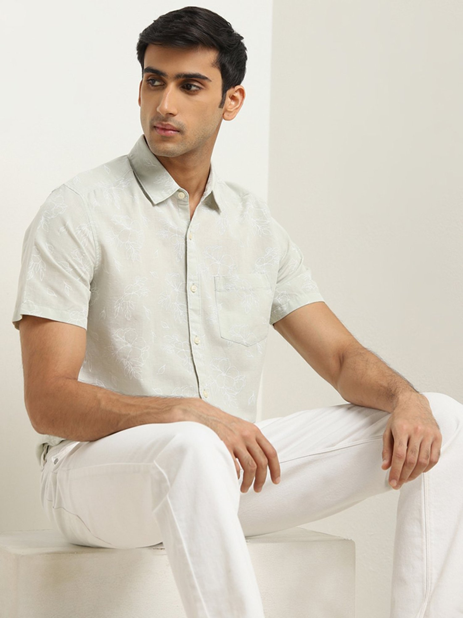 WES Casuals by Westside Sage Floral Slim-Fit Blended Linen Shirt