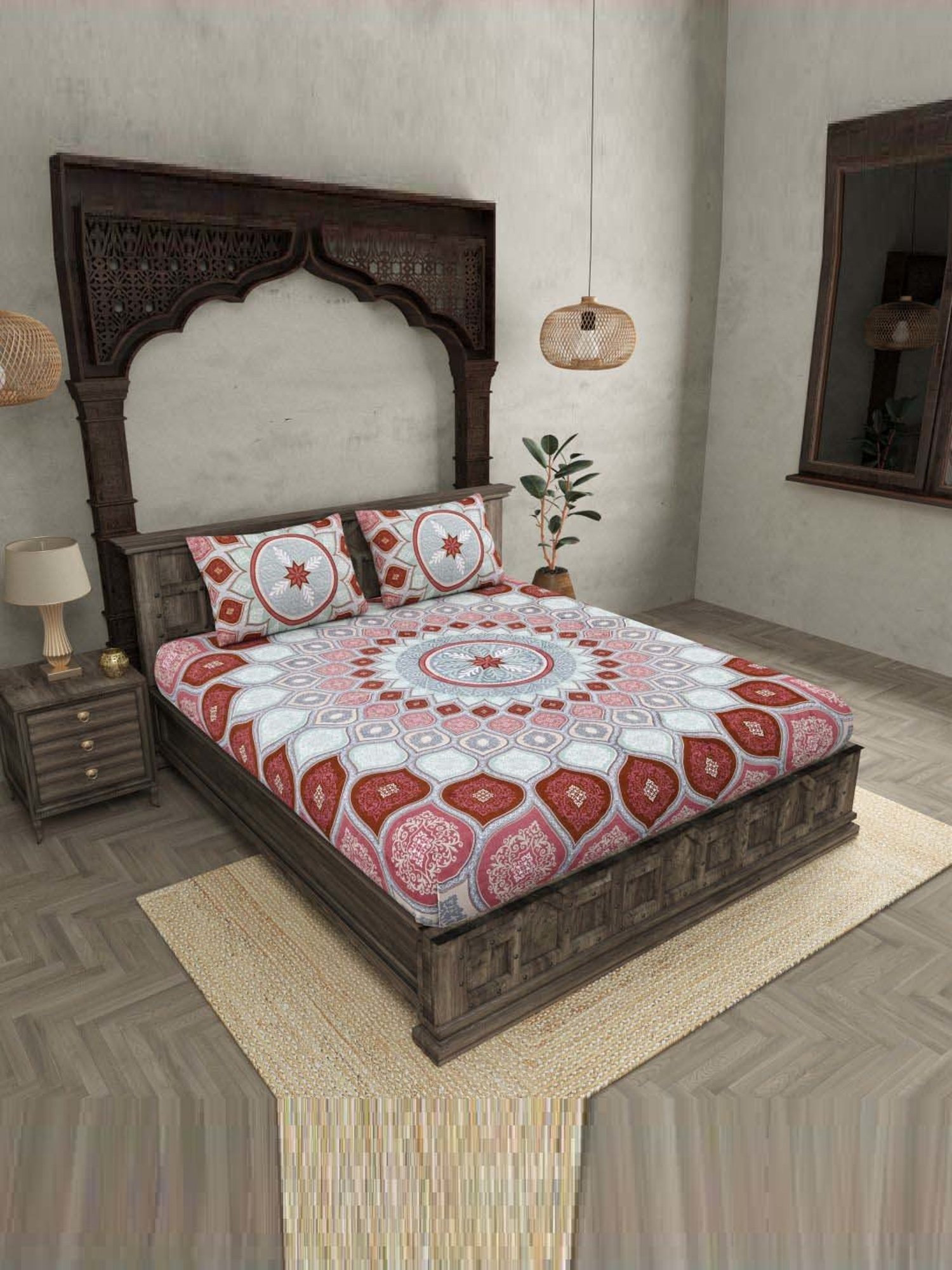 JaipurFabric Peach 240 TC 100% Cotton Sacred Shells Double Bedsheet with 2 Pillow Covers