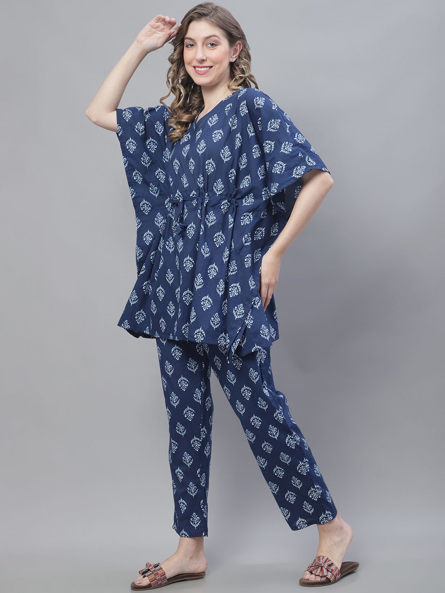 TAG 7 Blue Printed Kaftan Top With Pant Set