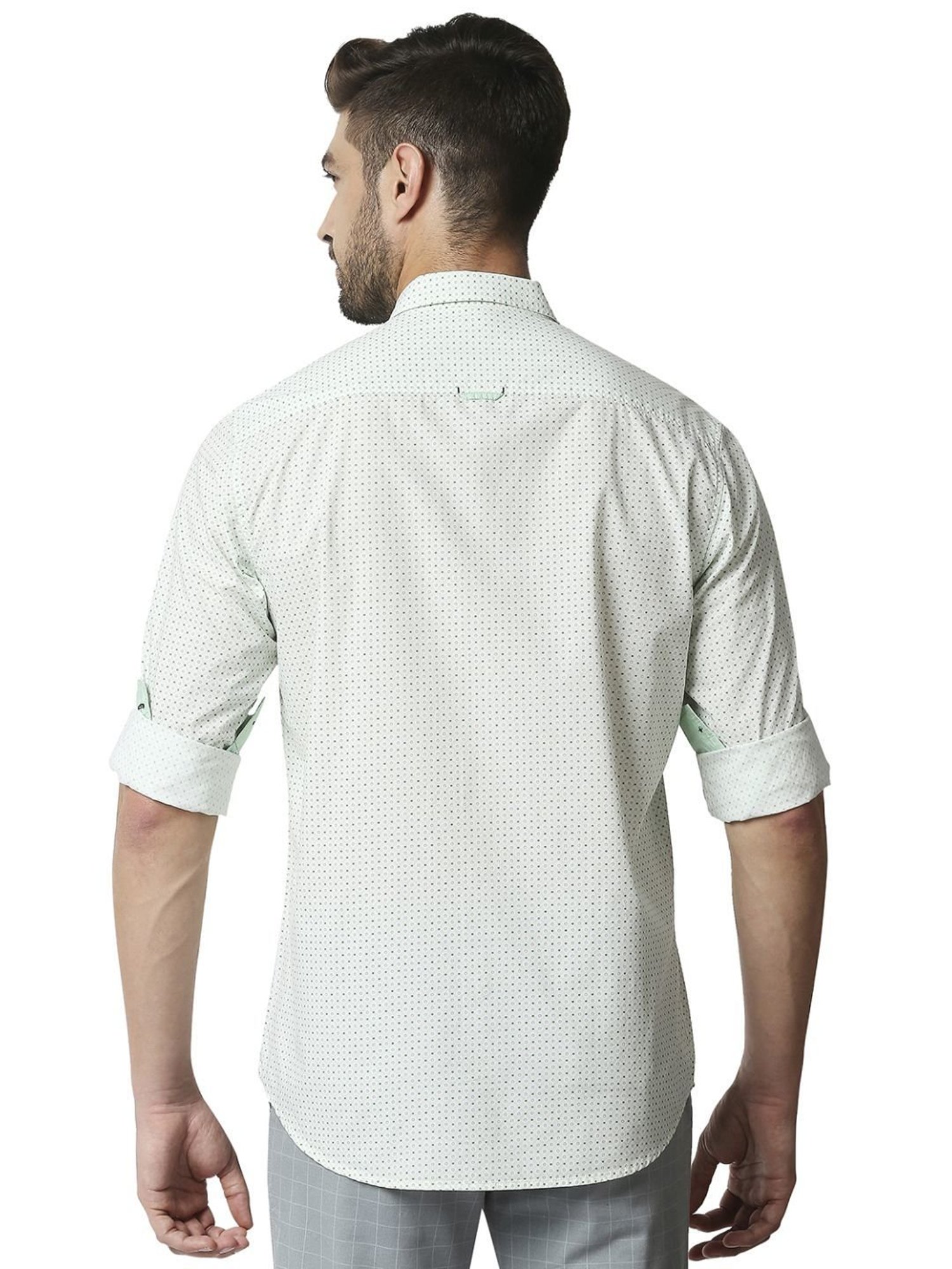 Basics Green Cotton Slim Fit Printed Shirt