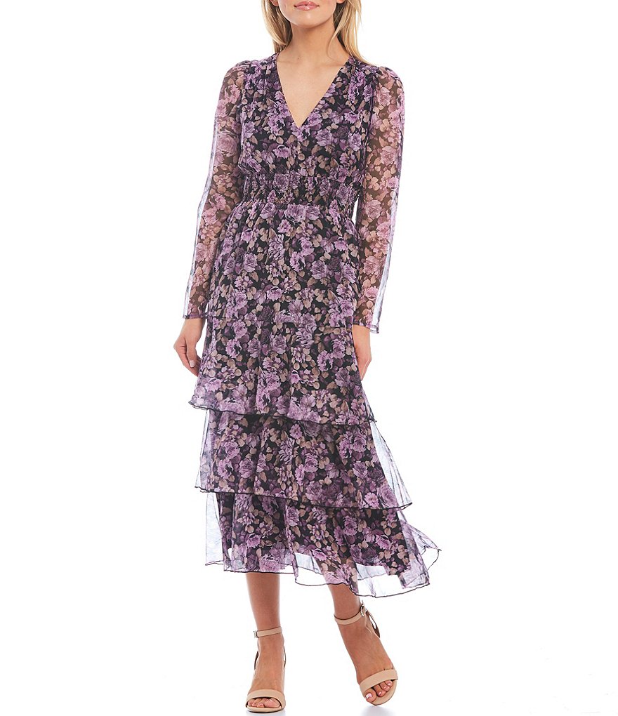 Lucy Paris Bristol Purple Floral Print V-Neck Smocked Waist Long Sleeve Tiered Midi Dress