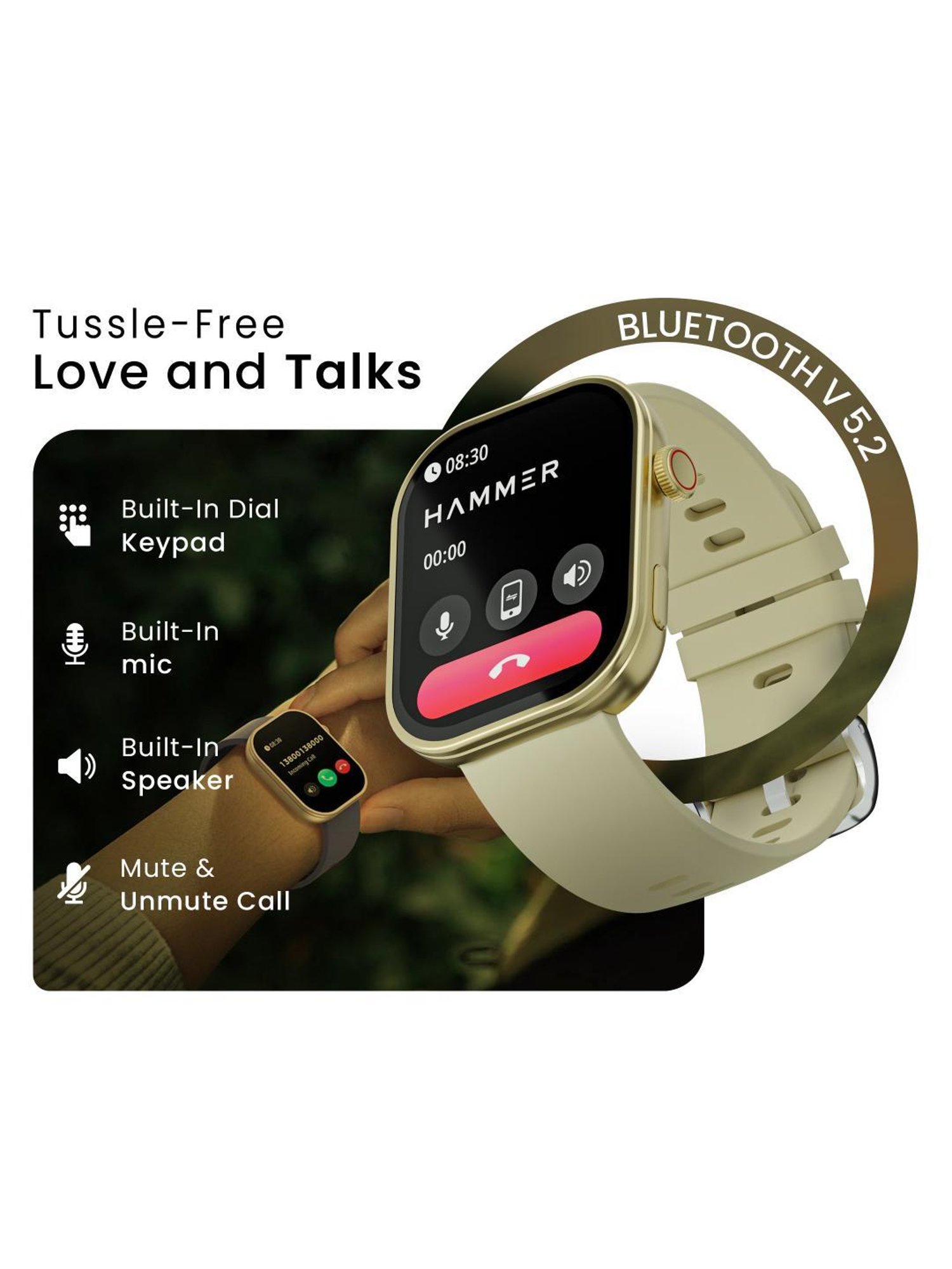 Hammer Tussle BT Calling Smartwatch with 2.01 inch HD Display & Voice Assistant (Champagne Gold)