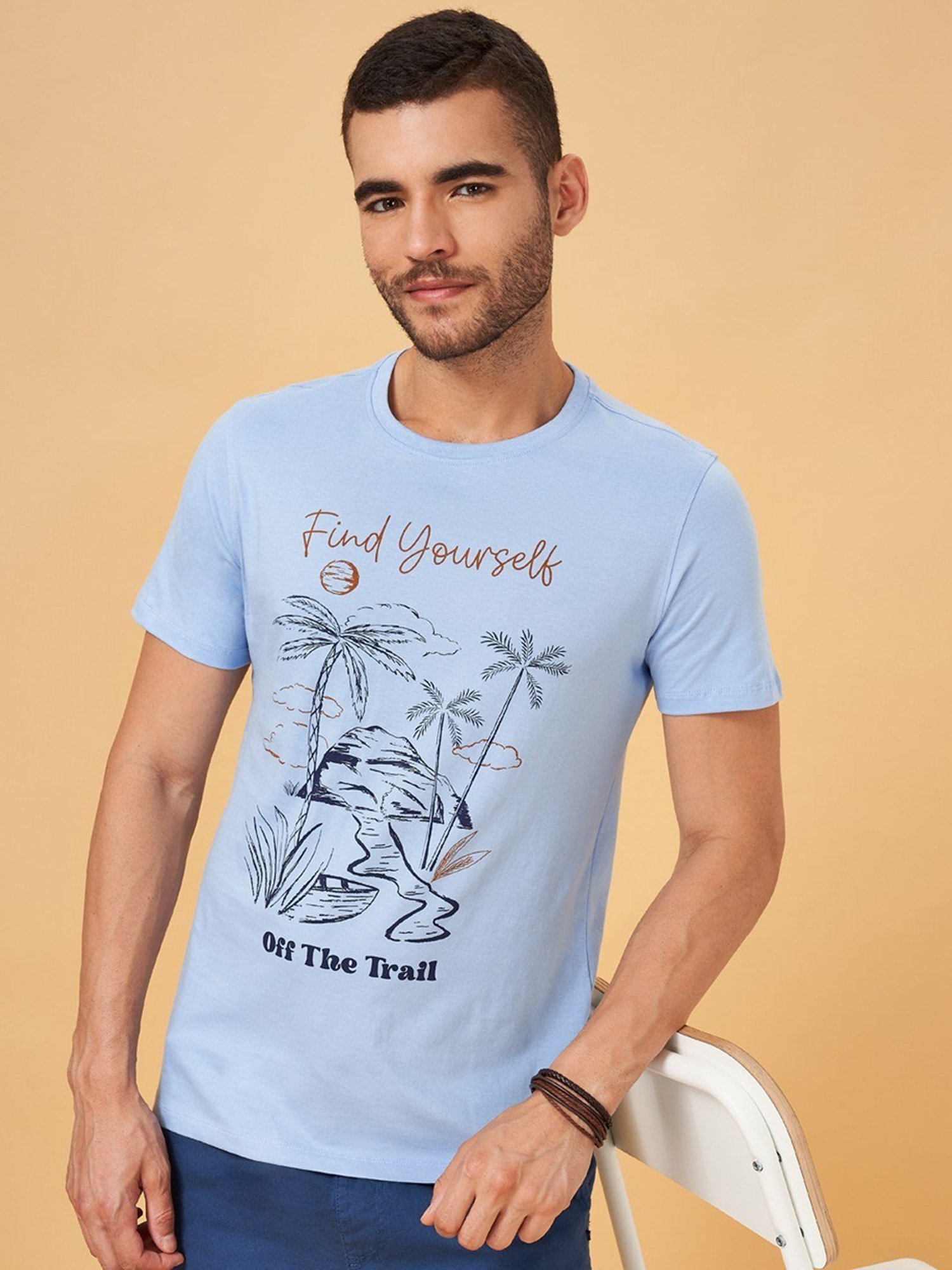 Urban Ranger by Pantaloons Sky Blue Cotton Slim Fit Printed T-Shirt