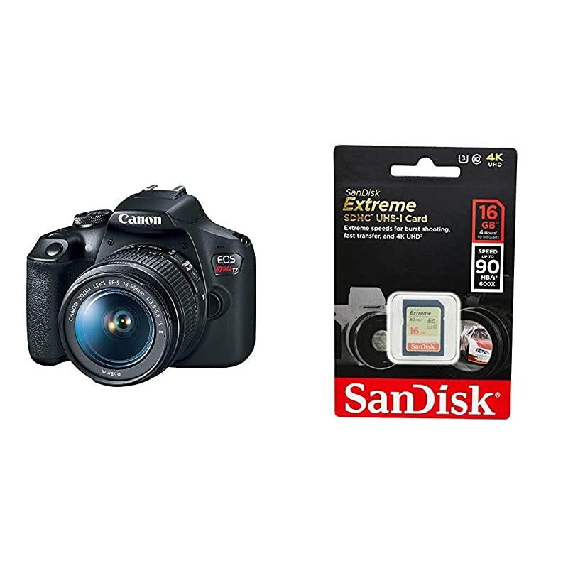 REBEL T7 18-55mm f/3.5-5.6 IS II Kit and SanDisk 16GB Extreme SDHC UHS-I Memory Card
