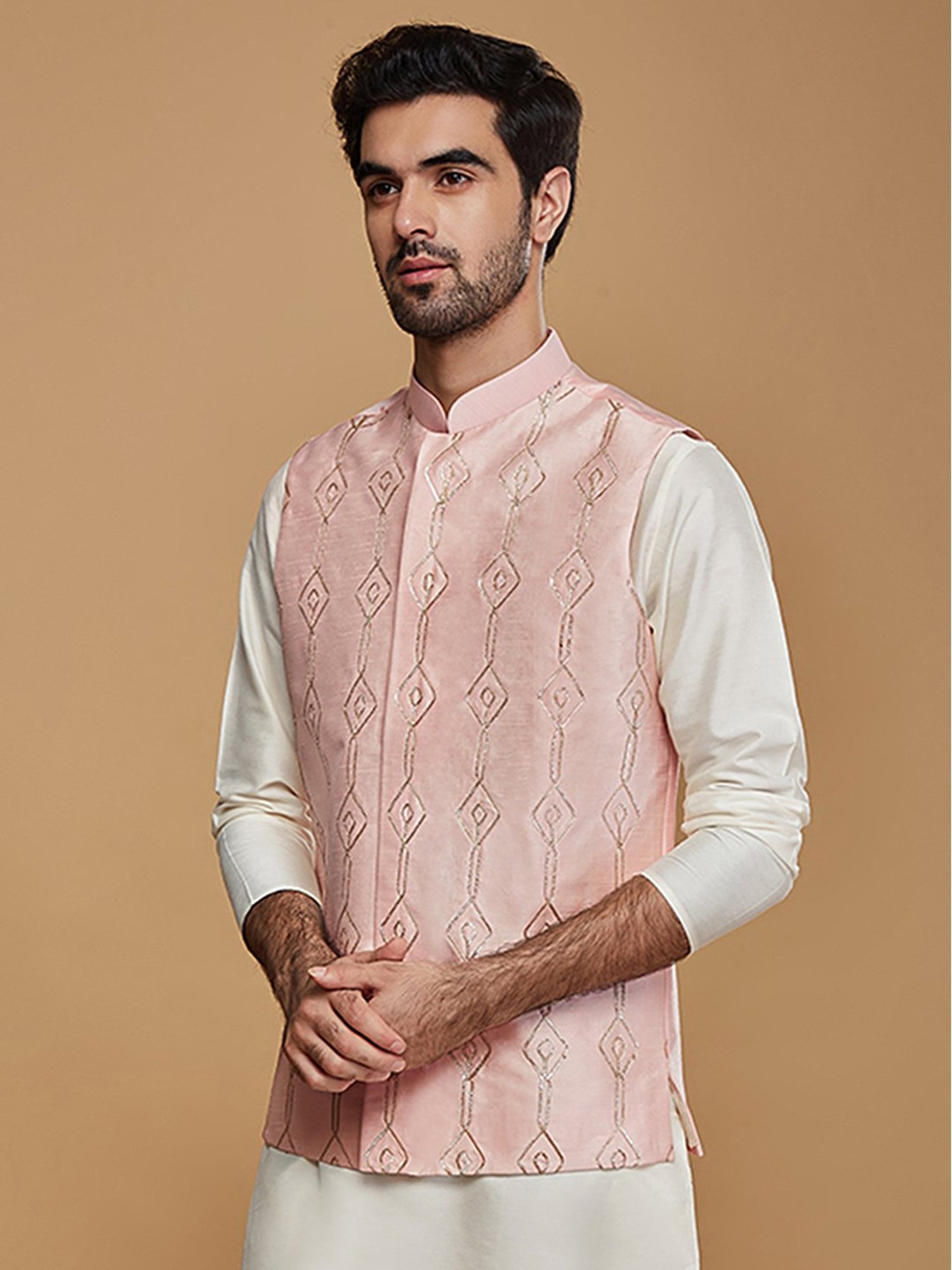 KISAH Pink Regular Fit Embroidered Nehru Jacket