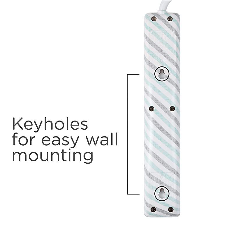 Outlet Power Strip 4 Ft Power Cord Flat Plug Wall Mount For Bedroom Dorm or Home Decor Power Switch Integrated Circuit Breaker UL Listed White Gray Mint Stripes 31040