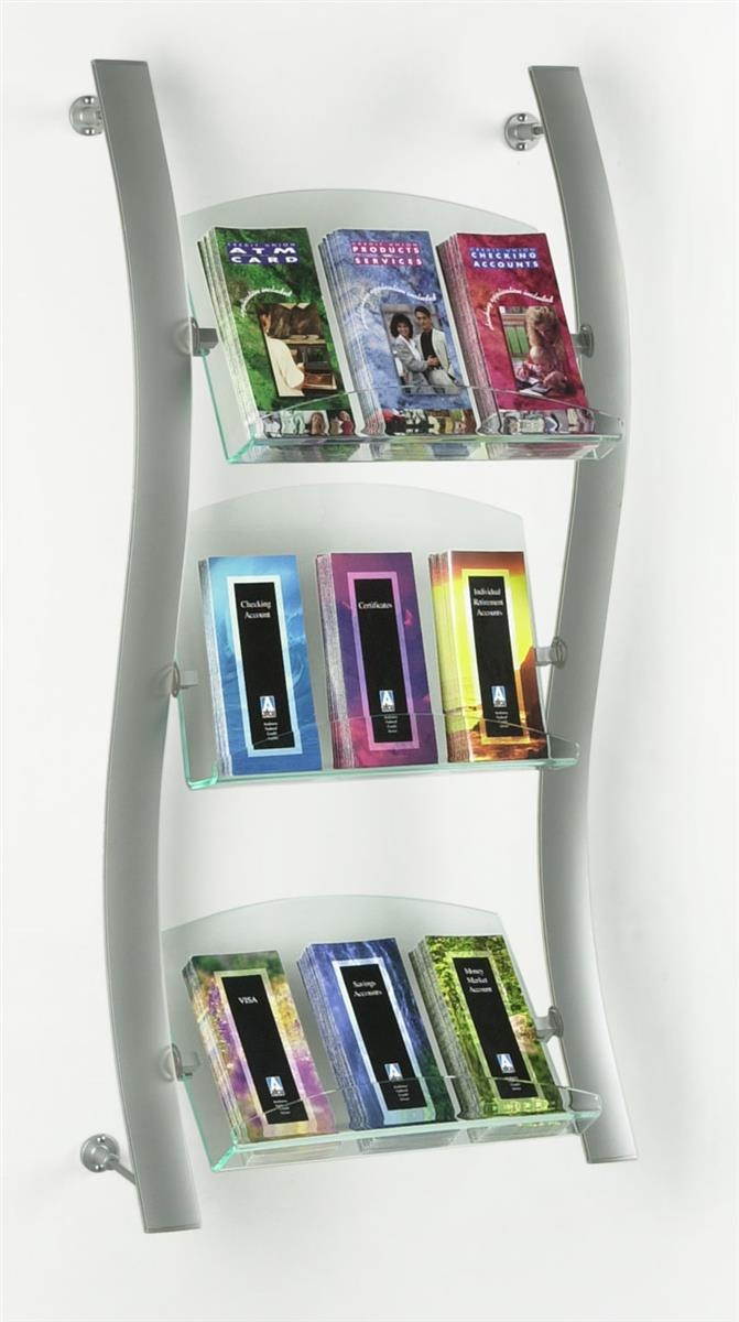 Flyer Holders 21-1/2&rdquo;w x 45&rdquo;h x 8-3/4&rdquo;d Silver Brushed Aluminum Rails with Three Clear Acrylic Pockets Literature Racks &ndash; Wall Mount Brochure Displays Have Green Edges (WMGLH4518)