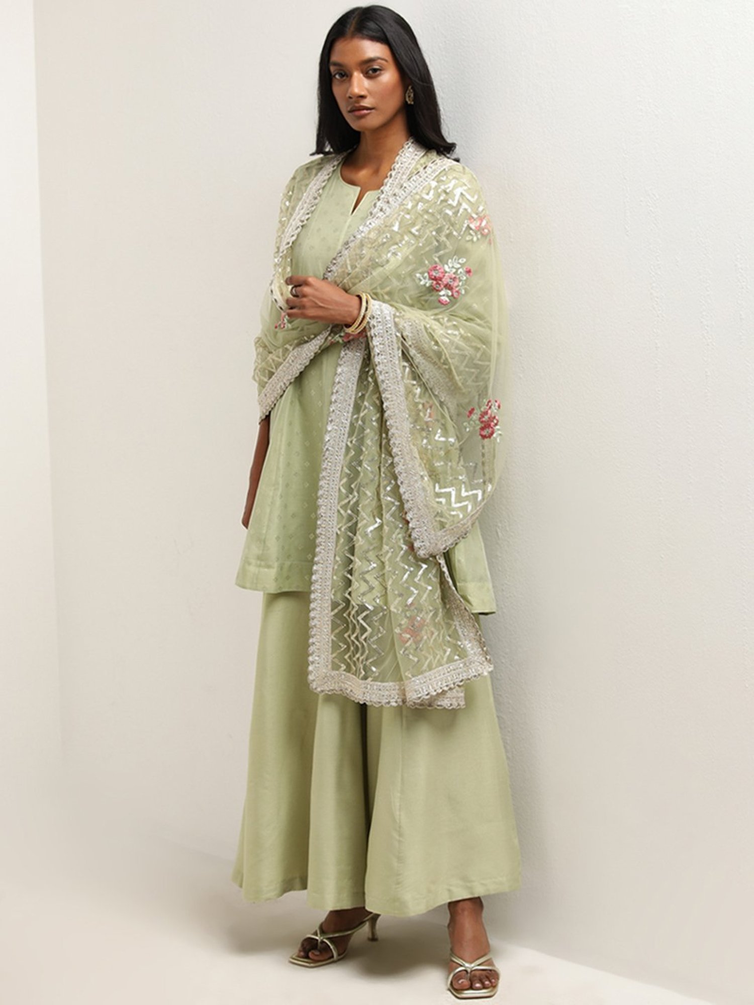 Vark by Westside Sage A-Line Kurti, Mid-Rise Palazzos & Dupatta Set