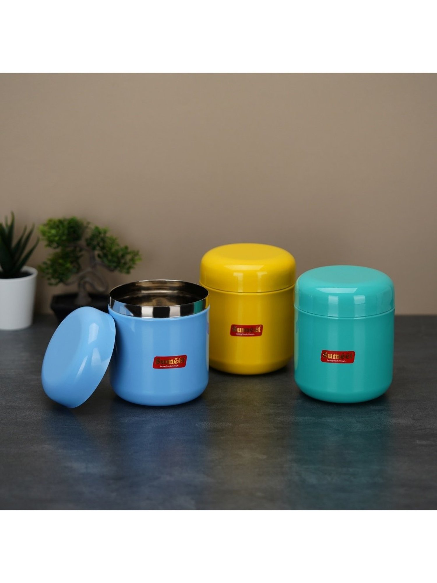 Sumeet S.S. Multi Color Small Canisters/Jars/Storage Containers set of 3Pc,750ml capacity each,9cm