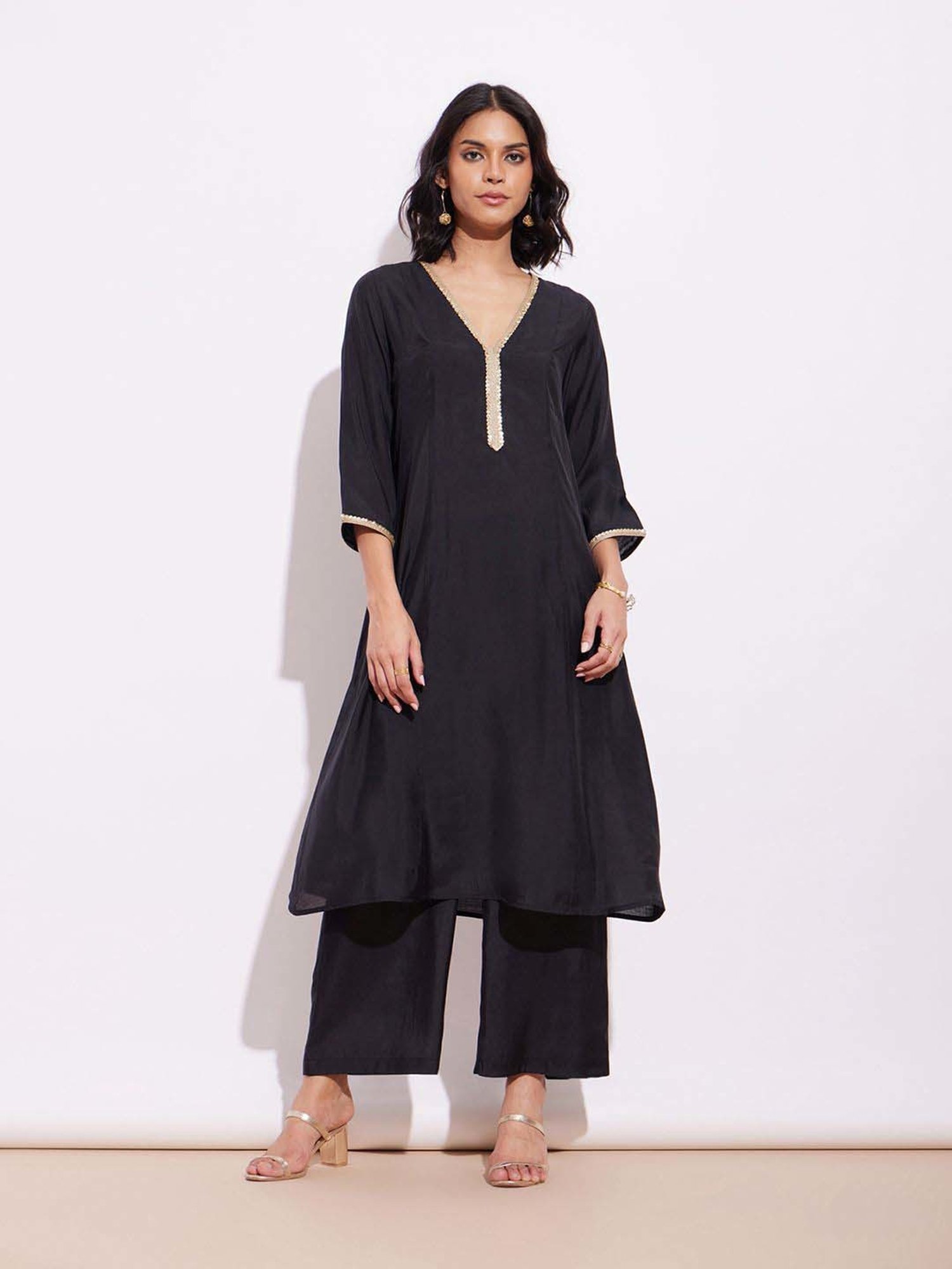 Pink Fort Black Plain Kurta Palazzo Set