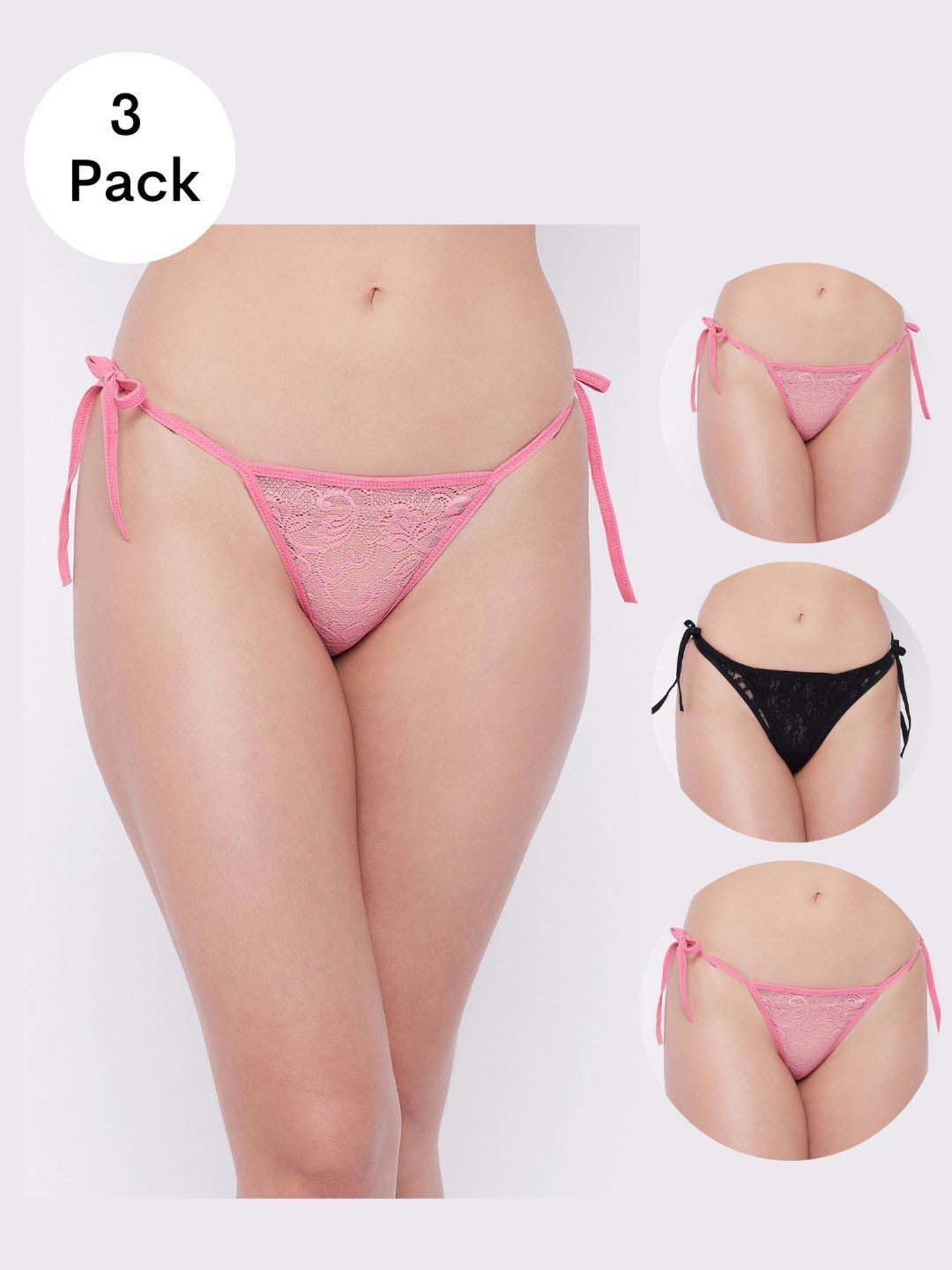 Secrets By ZeroKaata Black & Pink Lace Work Thong Panty - Pack Of 3