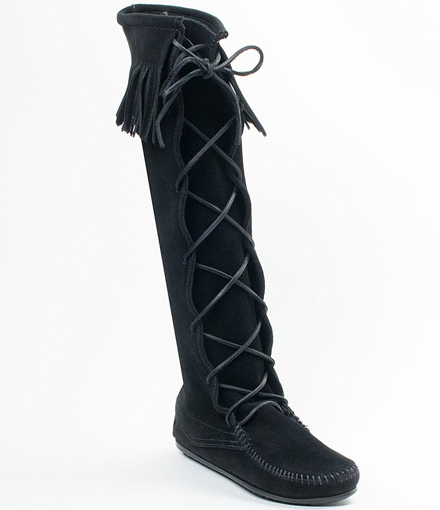 Minnetonka Women's Hardsole Suede Fringe Lace Up Boots