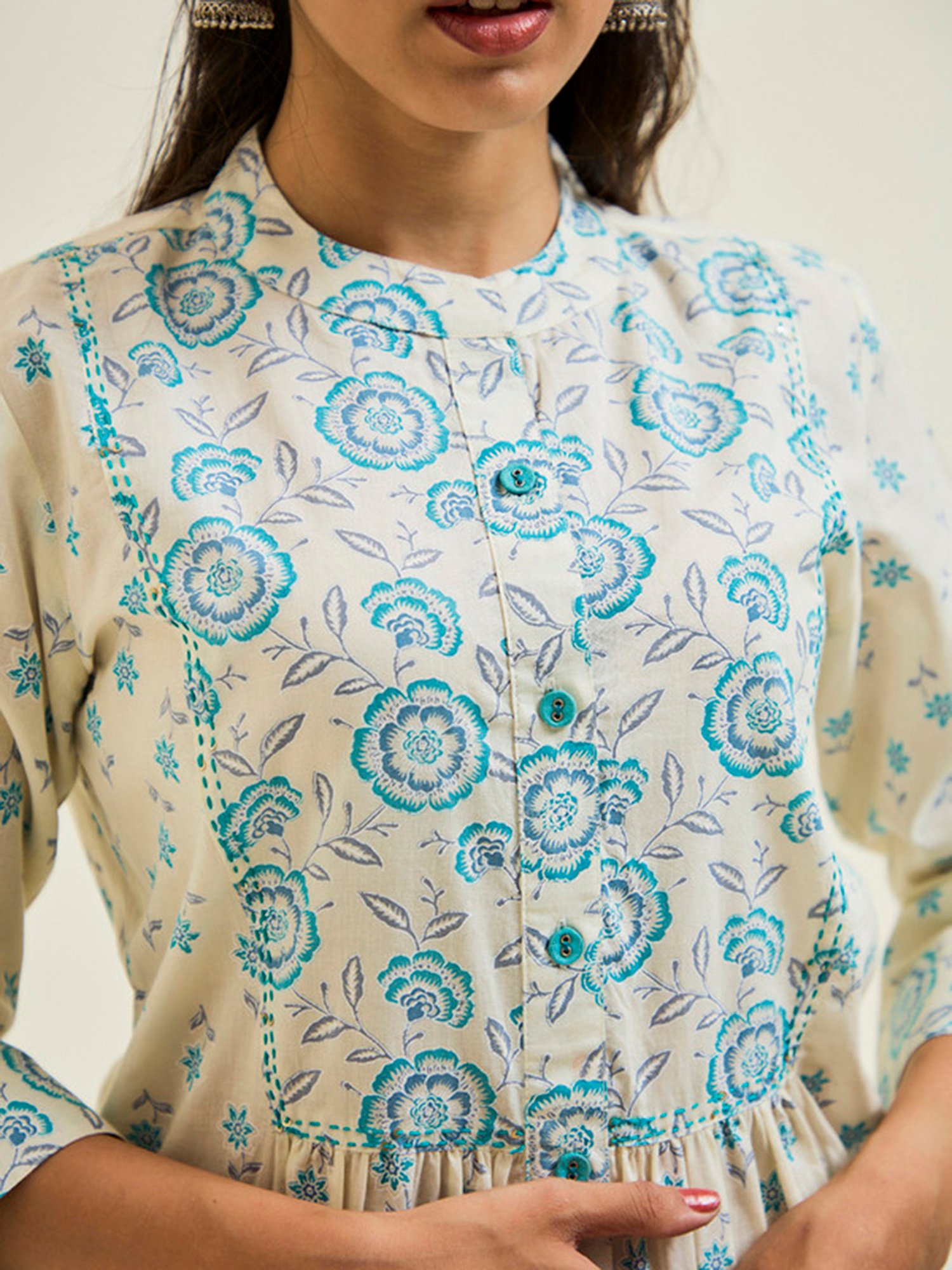 Jaipur Kurti Turquoise & Off White Cotton Floral Print Tunic