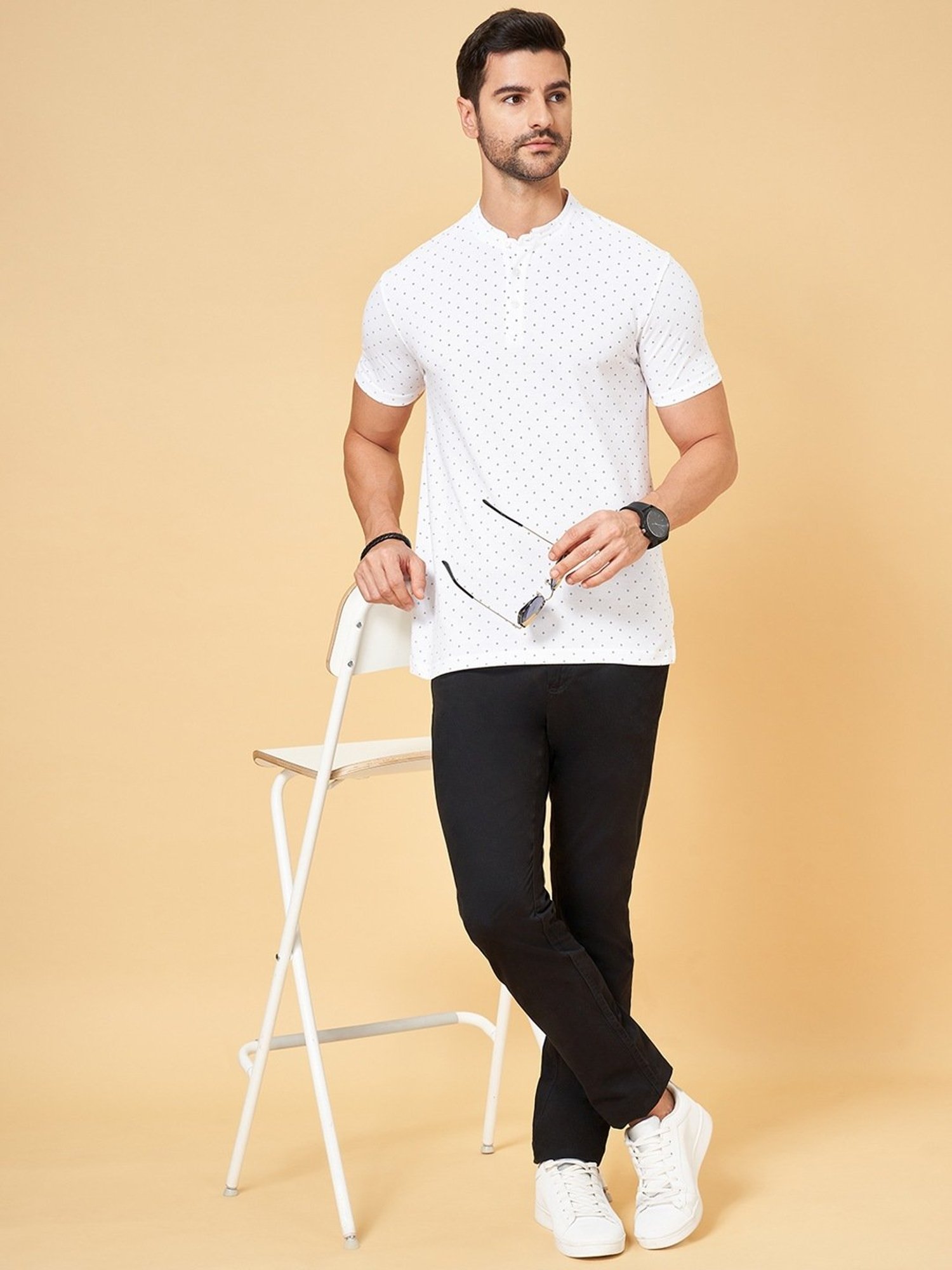 Byford by Pantaloons Cloud Dancer Slim Fit Printed Henley T-Shirt