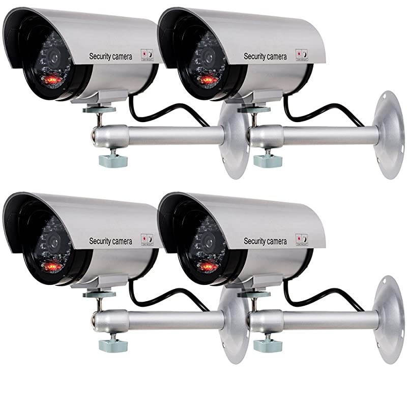 Bullet Dummy Fake Surveillance Security CCTV Dome Camera Indoor Outdoor with one LED Light + Sticker Decals (TC-S4), 4 Packs, Silver
