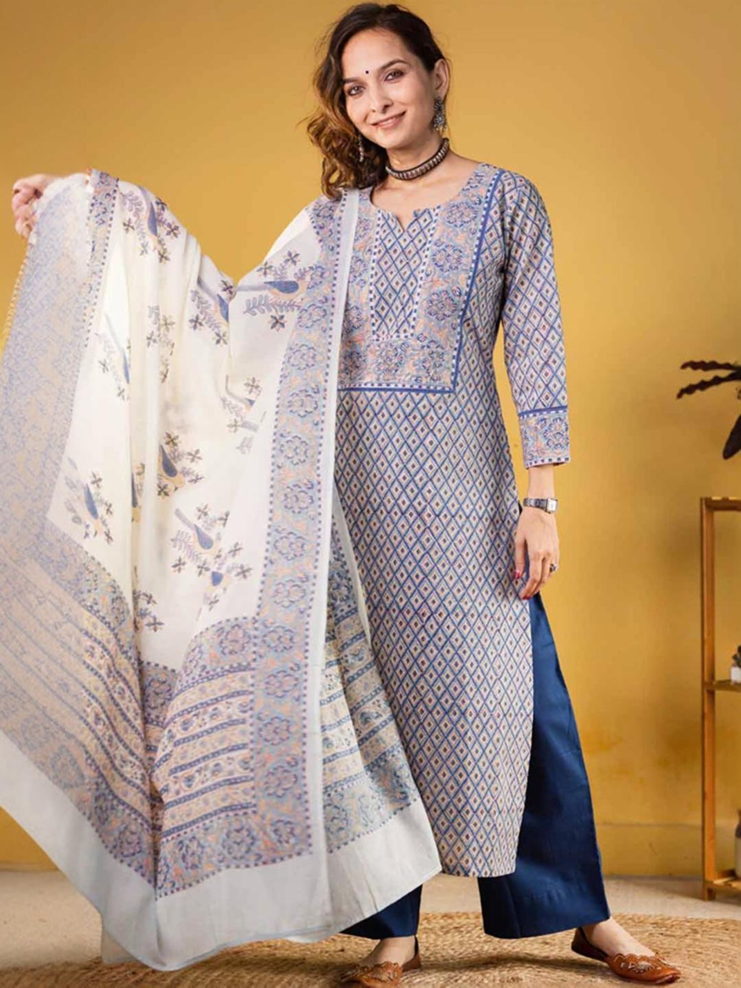 Odette Blue Printed Kurta Palazzo Set With Dupatta