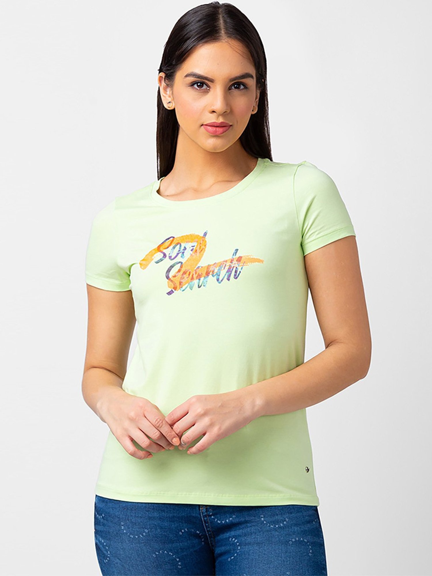 Spykar Mint Green Printed T-Shirt