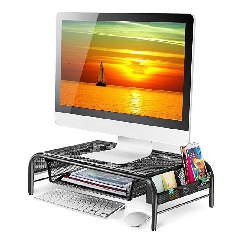 Metal Monitor Stand - Monitor and Printer Desk Riser with Pull Out Storage Drawer and Side Compartment Pockets - Holds up to 44lbs, Black - for Computers, Laptops, Printers (1 Pack)