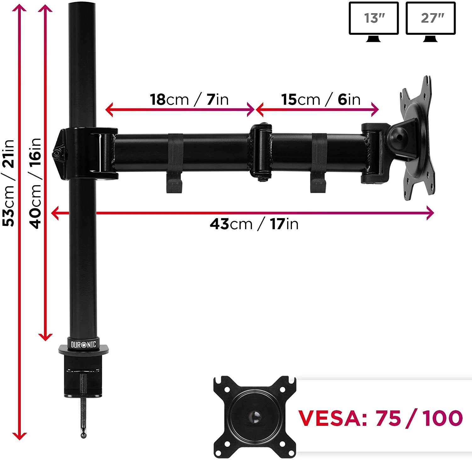 Duronic DM251X3 PC Monitor Arm Stand Desk Mount Bracket Clamp Single LCD | LED |13"-27" (Tilt &plusmn;45&deg;|Swivel 90&deg;|Rotate 360&deg;)