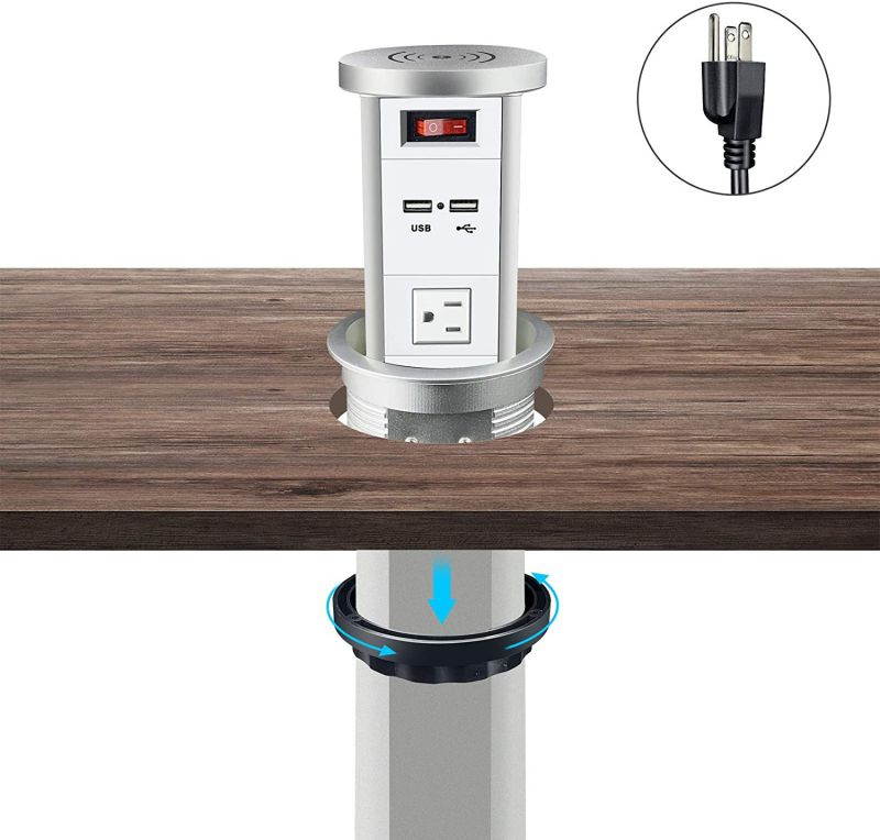 Automatic Pop Up Socket Pop Up Power Outlet with Wireless Charger Pulling Pop Up Outlet with 3AC Plugs & 2 USB Ports Recessed Pop-Up Power Socket for Kitchen Counter Office Conference(White)