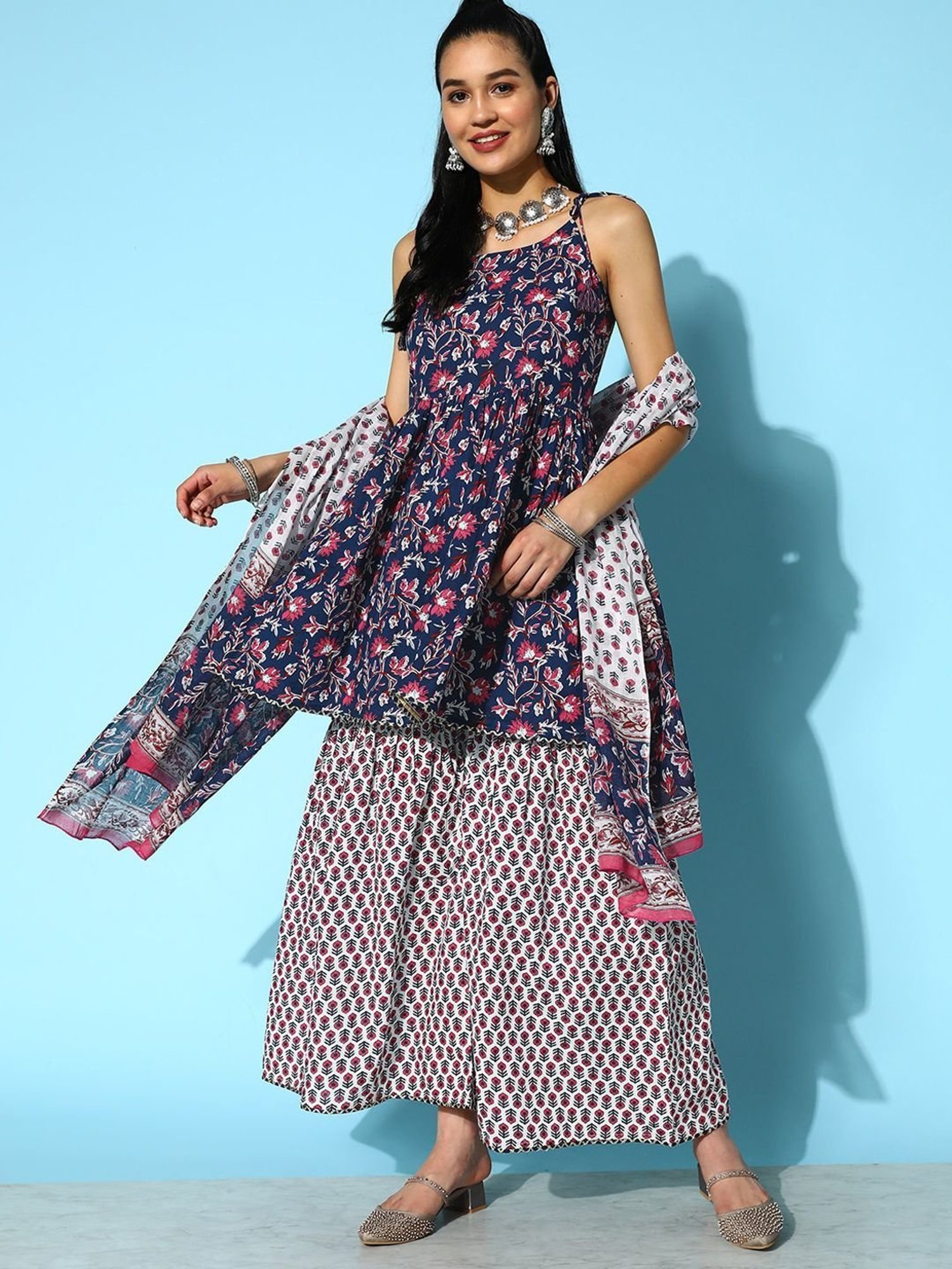 Prakrti Navy Cotton Printed Kurti Sharara Set With Dupatta