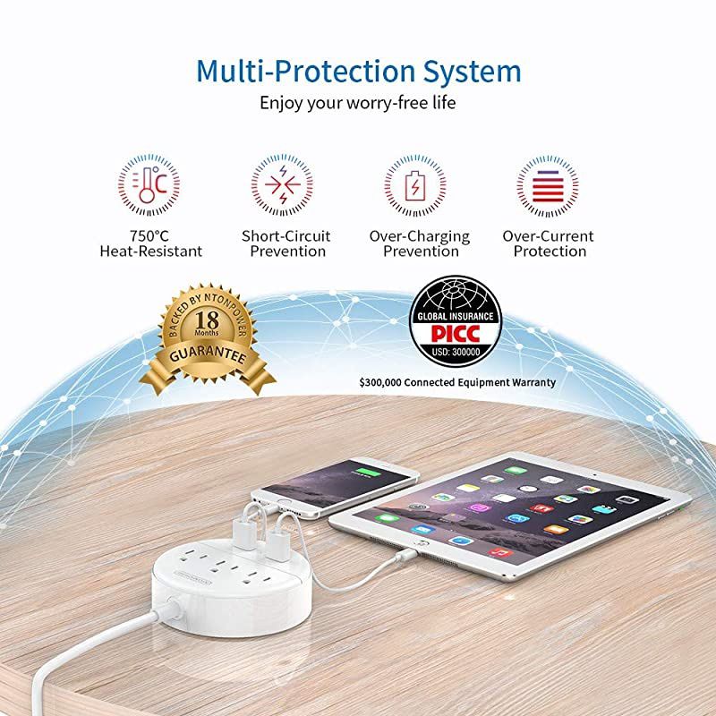 9.8 ft Long Extension Cord,  Travel Power Strip Flat Plug, 3 Outlet 2 USB Desktop Charging Station Wall Mount for Home Office, Dorm Room and Cruise Ship, White