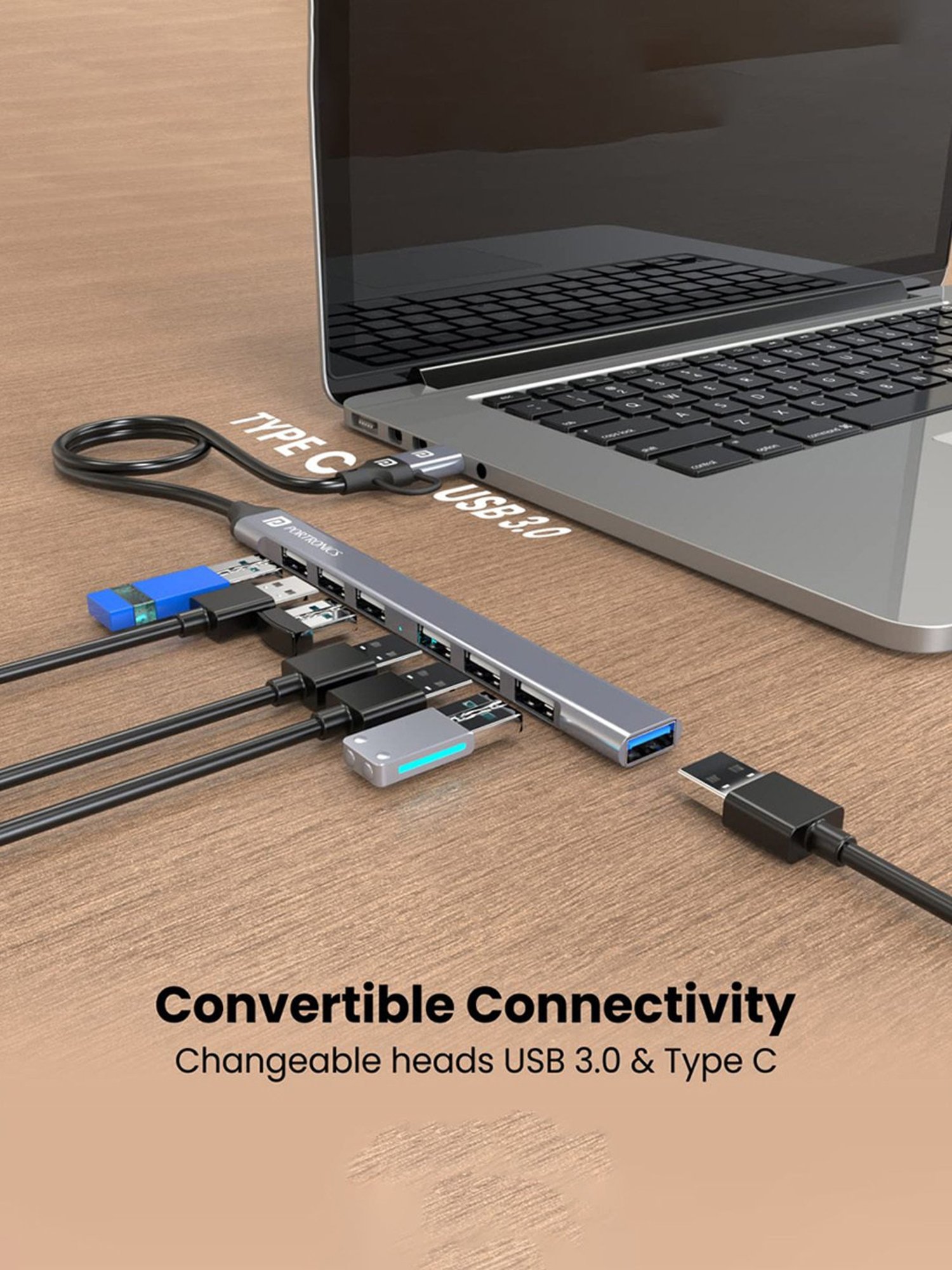 Portronics POR-1792 Mport 7 Multiport 7-in-1 USB Hub with Convertible Heads (Grey)