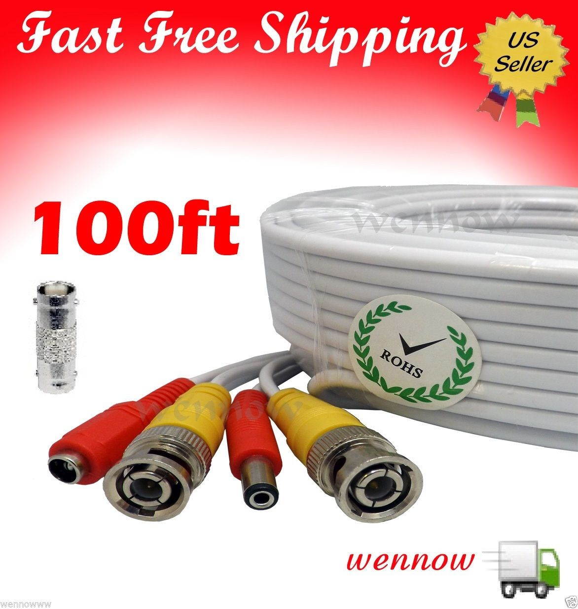 WennoW White 100ft Power &Video Cable for KGuard Security CCTV kit CA104V2-H02
