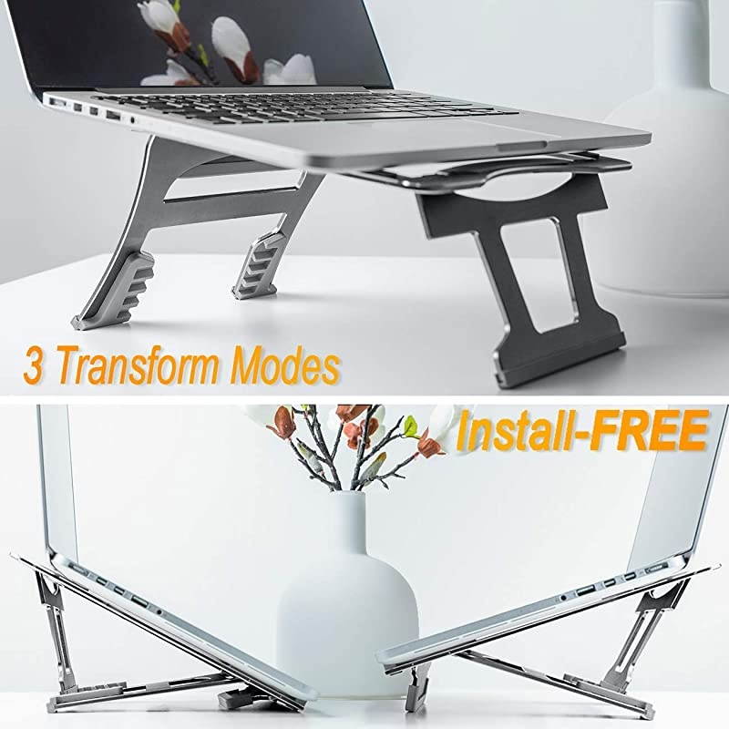 in 1 Laptop Notebook Stand 9 Angles 3 Folding Modes Portable Ergonomic Angled Laptop Aluminum Stand Adjustable Height Laptop Holder with SlideProof Silicone for Laptop 10~156Space Gray