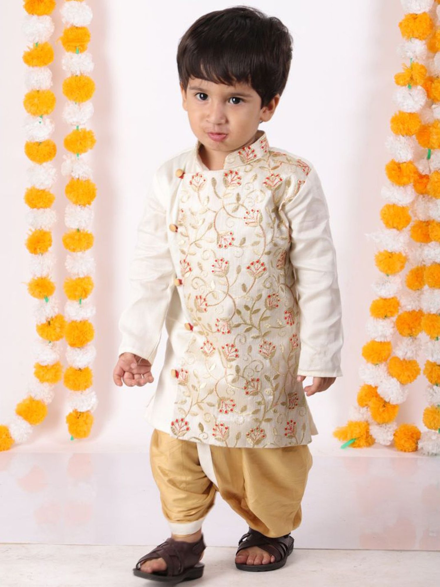 Little Bansi Kids Beige Embroidered Sherwani Set