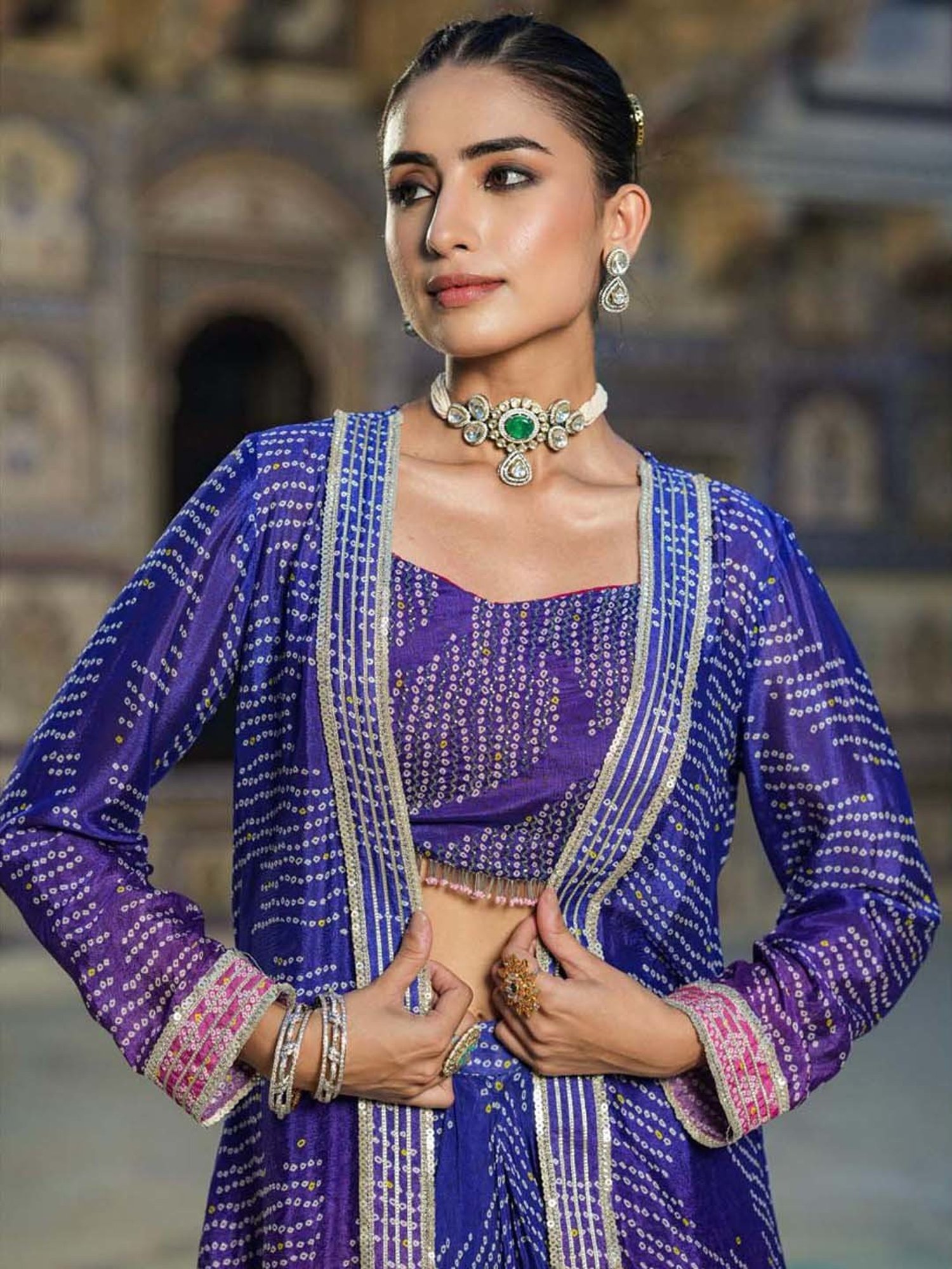 SCAKHI Blue Printed Lehenga Choli Set With Jacket