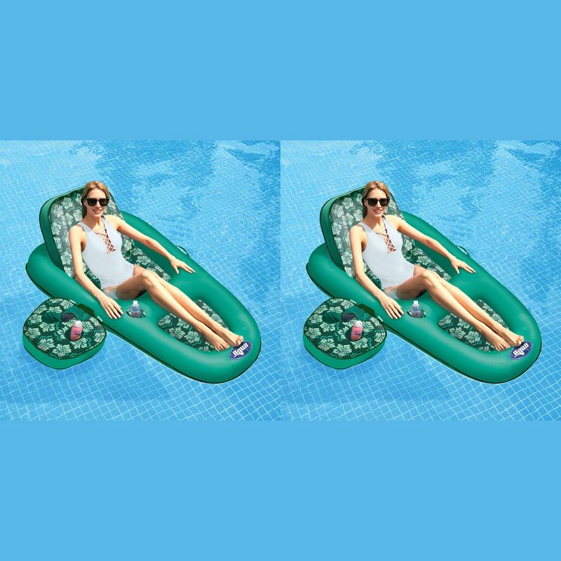 Aqua Leisure Campania 2 in 1 Convertible Lounger Recliner and Luxurious Inflatable Pool Float w/ Beverage Caddy in Multi Floral Print (Teal) (2 Pack)