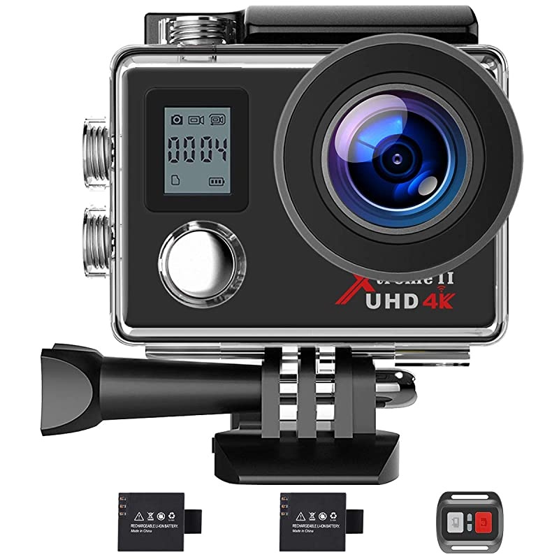 Action Camera 4K WiFi Ultra HD Camera Underwater 30M 170&deg;Wide-Angle Lens with Remote Control 2 Batteries and Mounting Accessories Kit