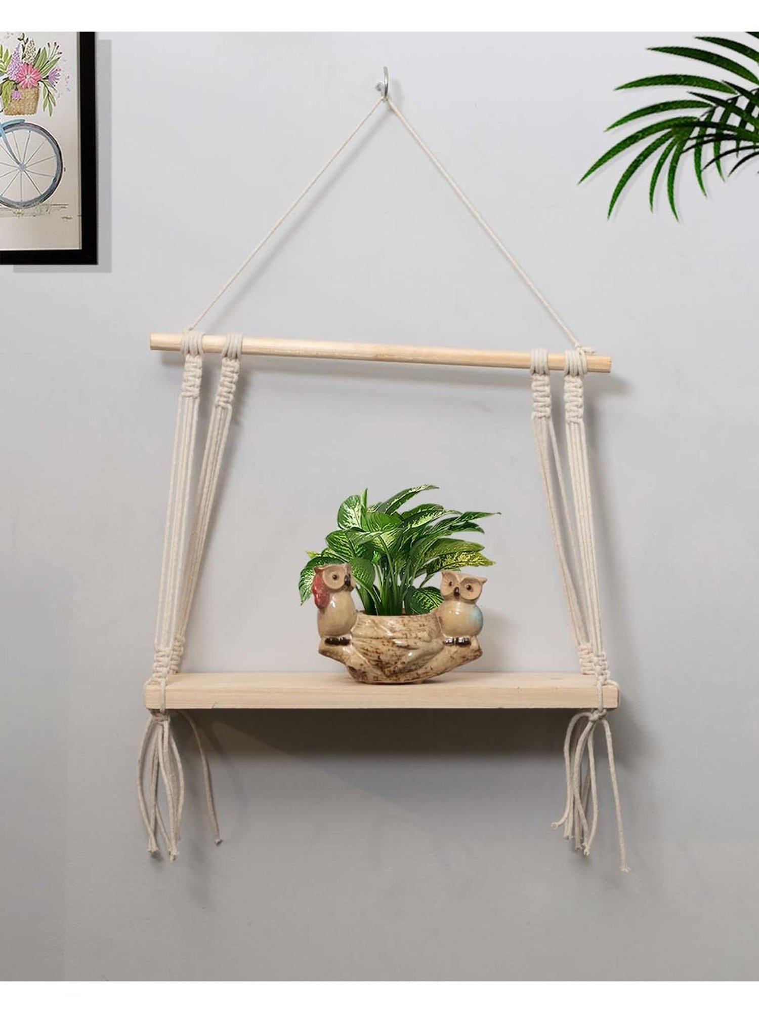 Homesake Macrame Beige Wood Wall Hanging Shelf