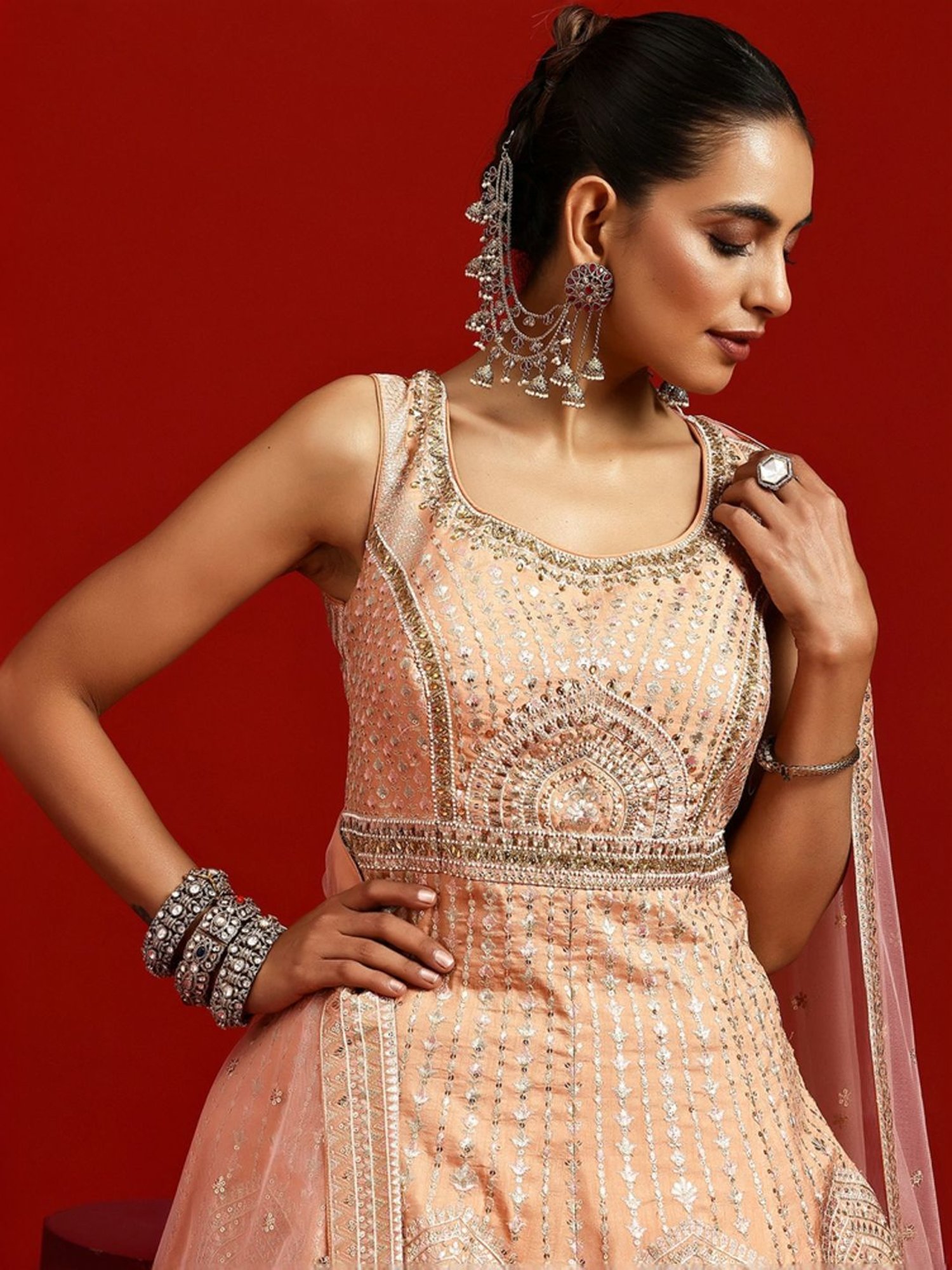 Libas Art Peach Embroidered Lehenga Choli Set With Dupatta