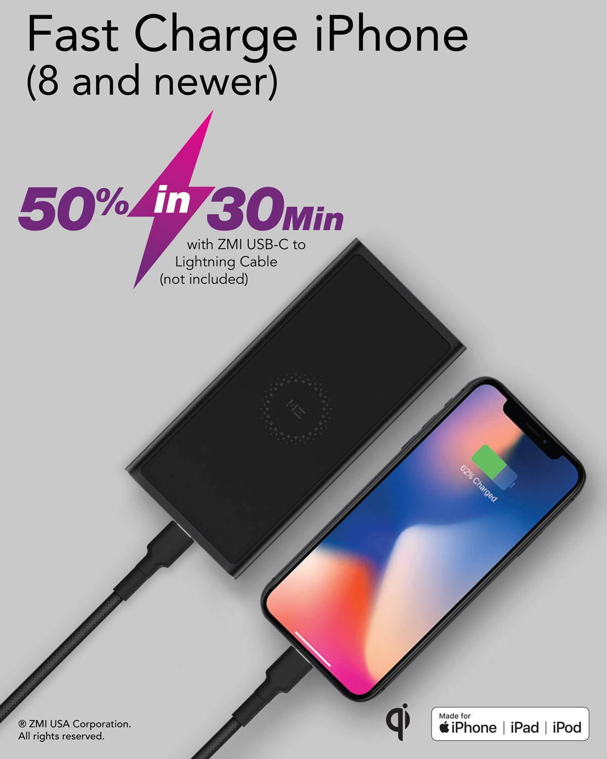 ZMI Power Bank LevPower M10 MFi and Qi Certified USB PD Power Bank Compatible for iPhone 11/Pro/Max/X/XS/XS Max/8/8 Plus and iPad for Wireless and Wired Charging via USB-C or Lightning Port