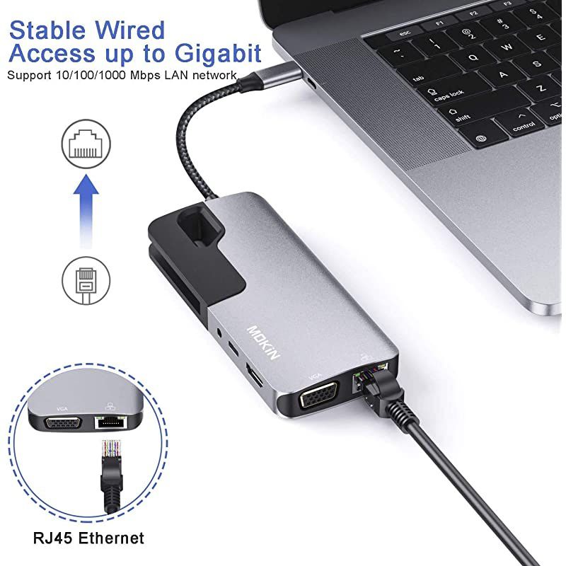 C Hub Adapter for MacBook Pro Thunderbolt 3 Adapter10in1 C Dongle with Gigabit Ethernet C to HDMI VGA Adapter100W Power Delivery3 30 SD TF Card ReaderThrough Port Adapters