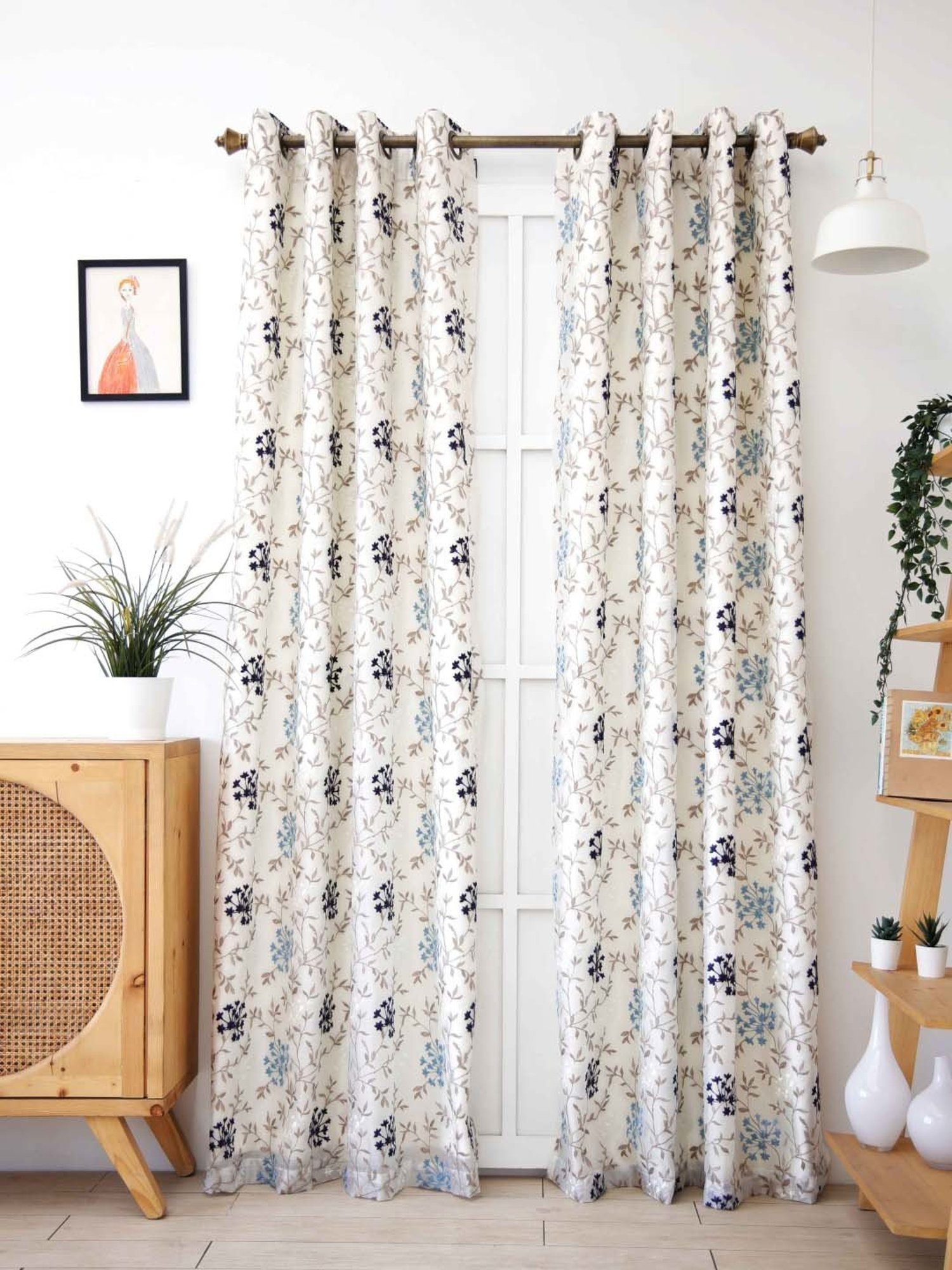 Ariana Beige & Blue Polyester 7 Ft Door Curtain - Single Piece