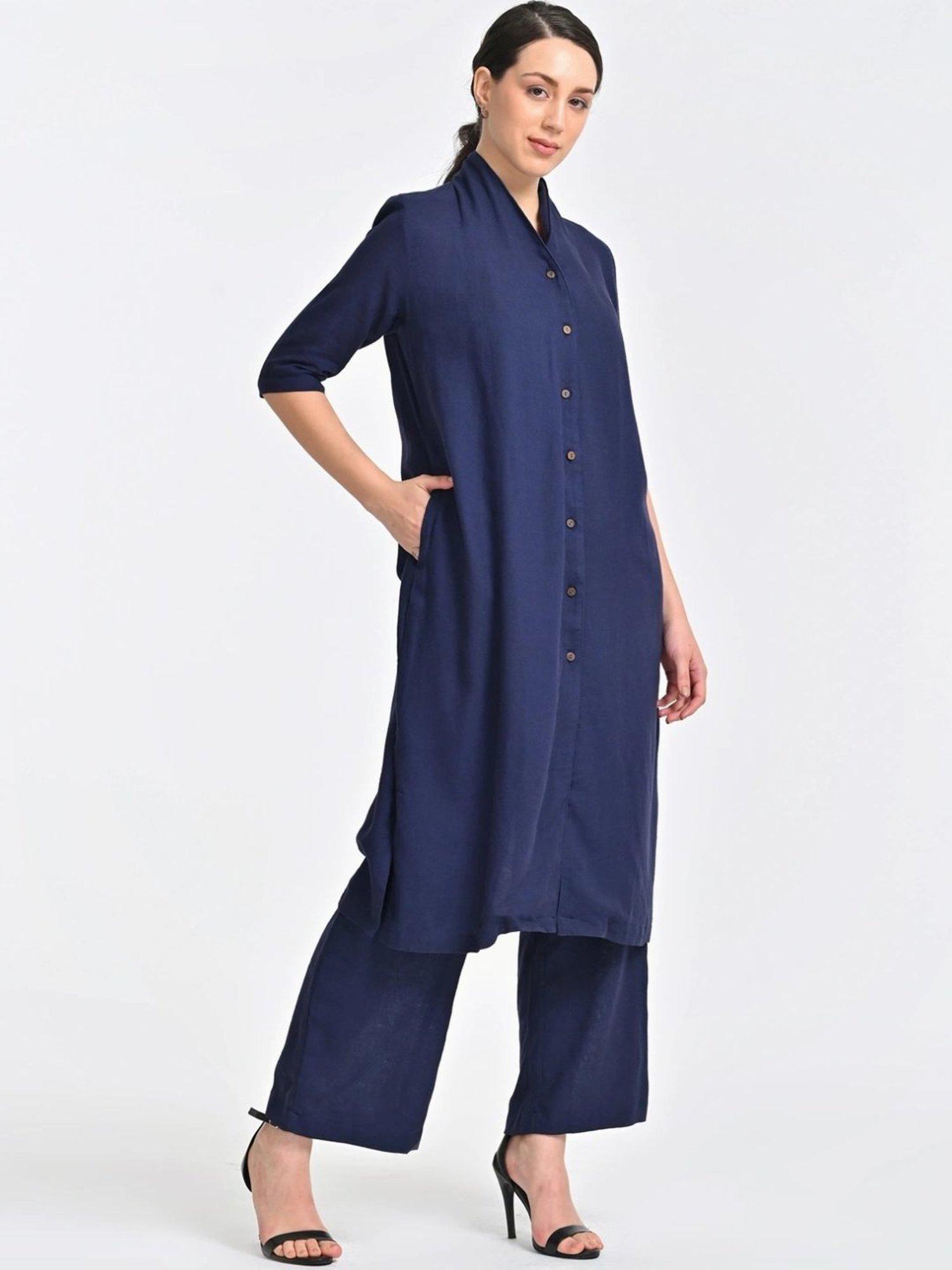 Saltpetre Navy Blue Linen Long Shirt With Trousers Co-ords Set