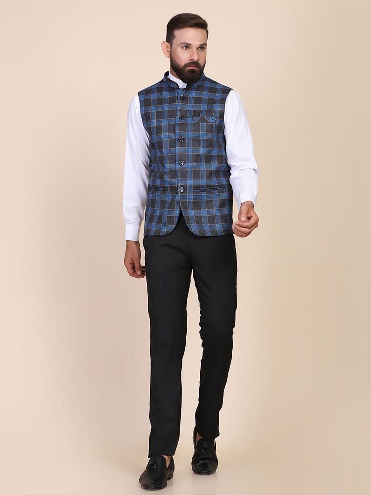TAHVO Grey & Blue Slim Fit Checks Nehru Jacket