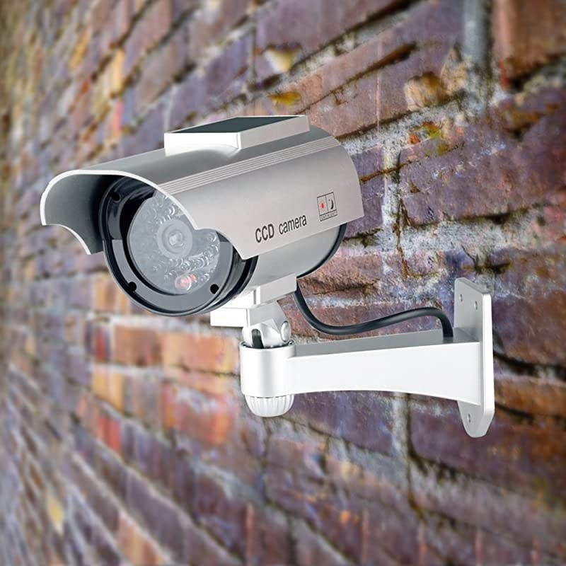 Solar Powered Bullet Dummy Fake Camera Surveillance Security CCTV Dome Camera with Flashing Red LED Light & Warning Security Alert Sticker Decals Outdoor/Indoor Use (1 Pack)