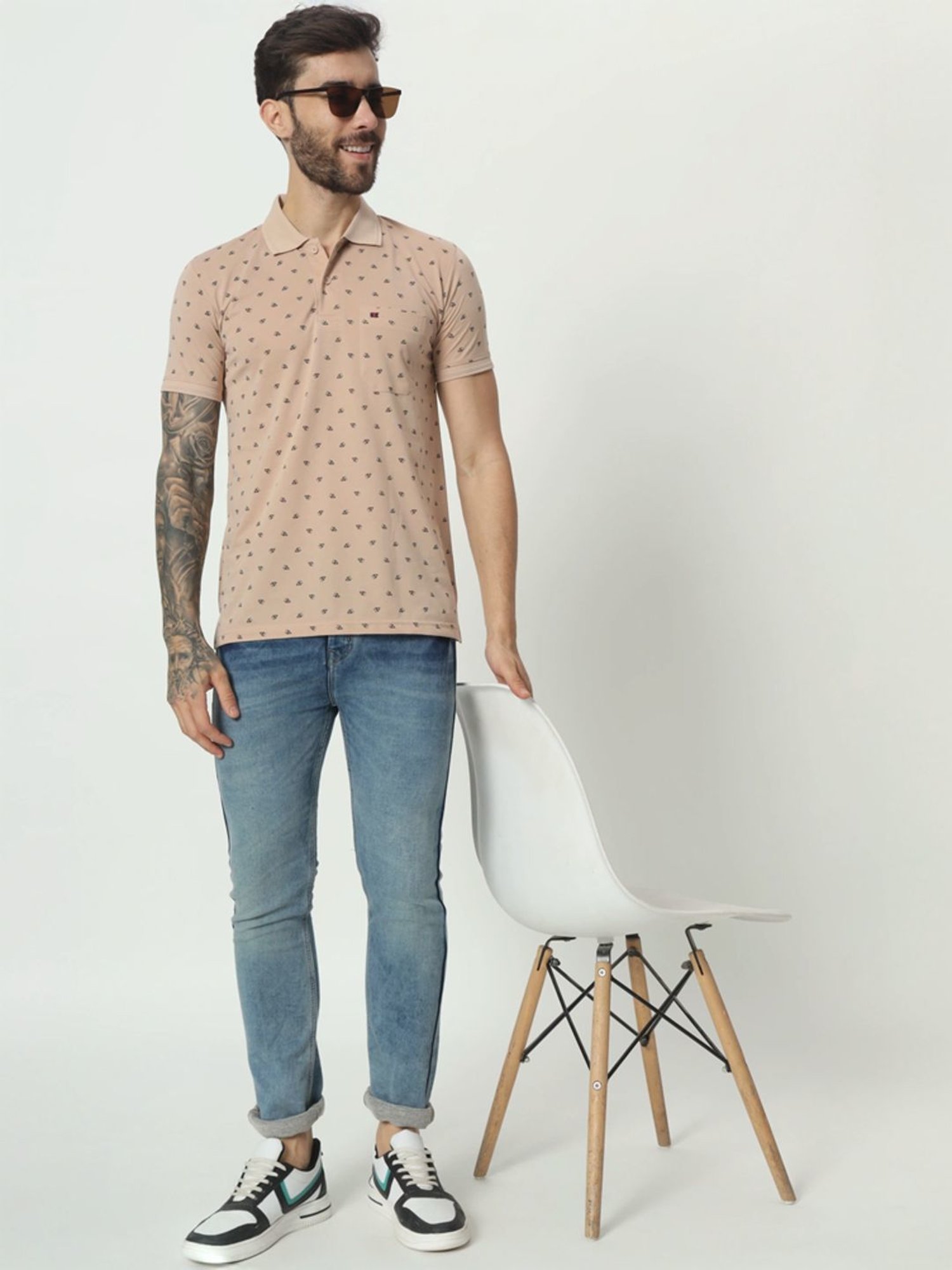 Tab91 Beige Regular Fit Printed Polo T-Shirts